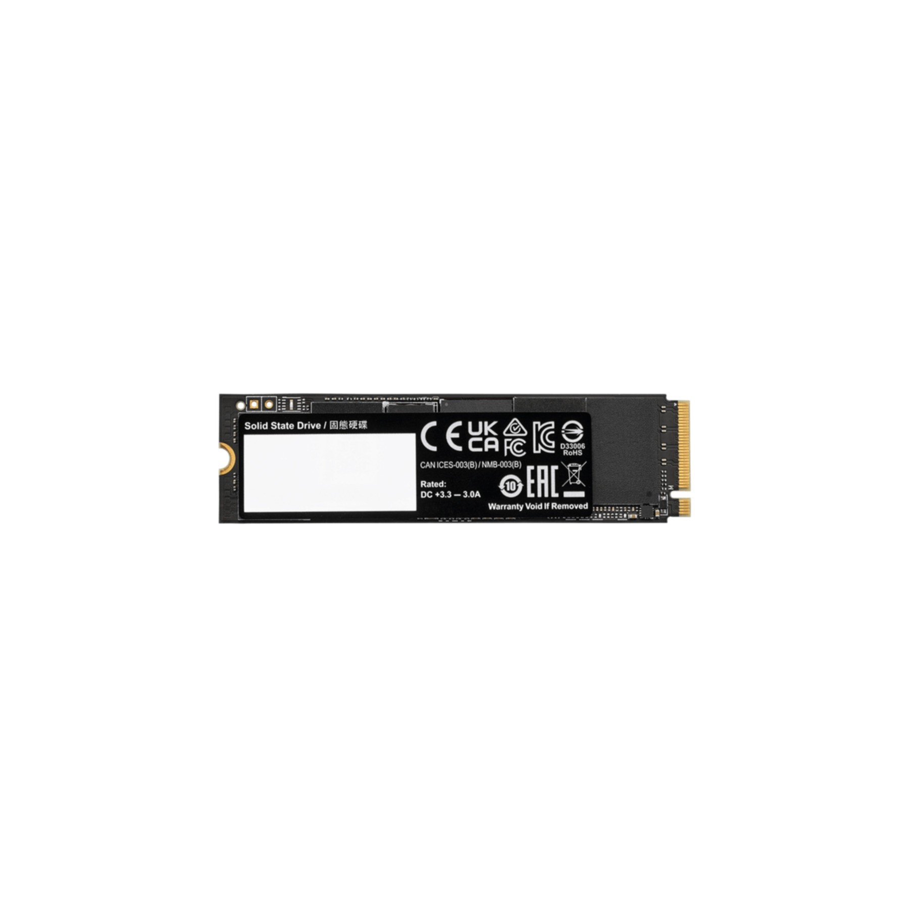 SSD-Laufwerk mit Etiketten und Zertifizierungen. Schwarz-Weiß-Design. Weißer Hintergrund.