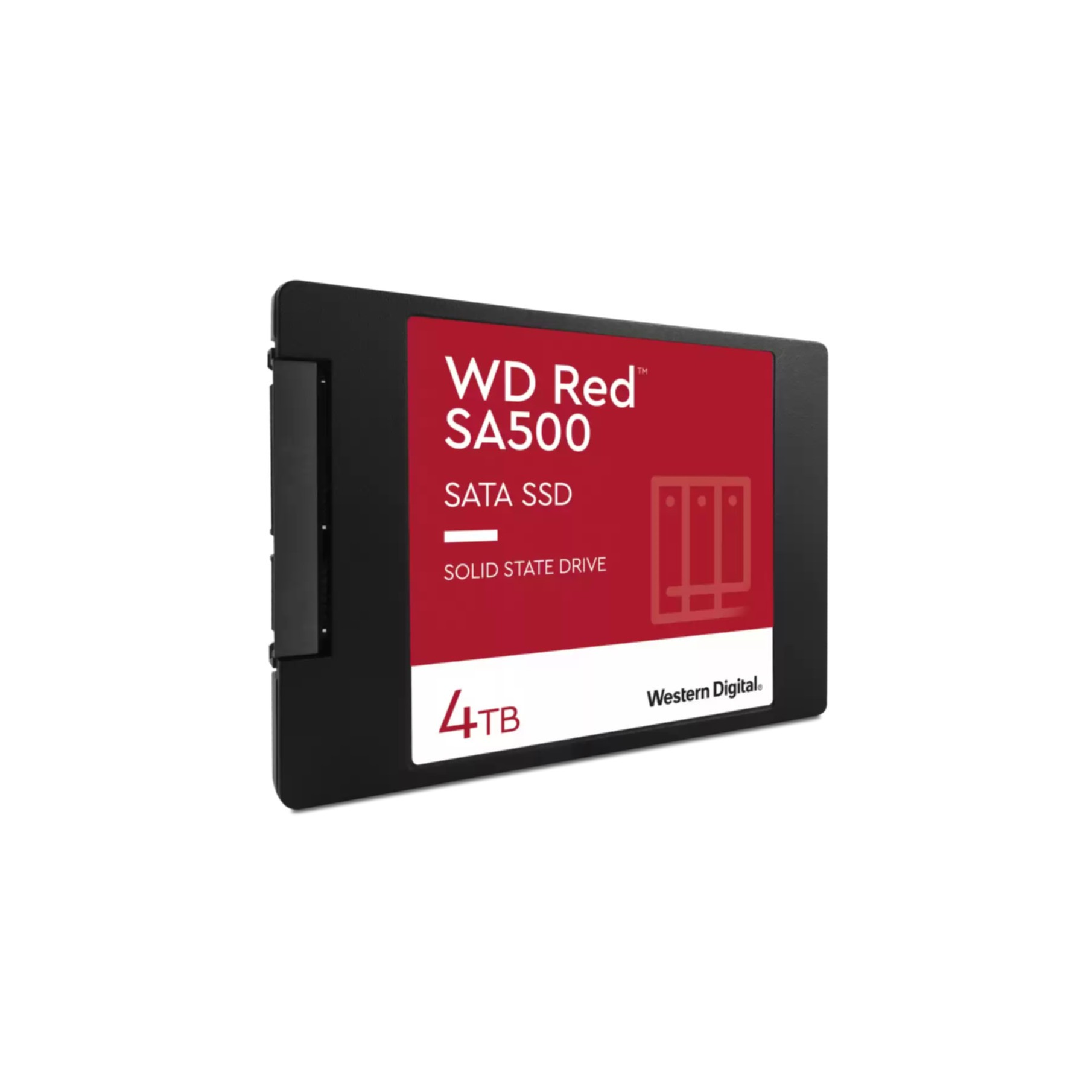 Czarny i czerwony dysk SSD WD Red SA500. Biały tekst i logo. Pojemność 4TB.