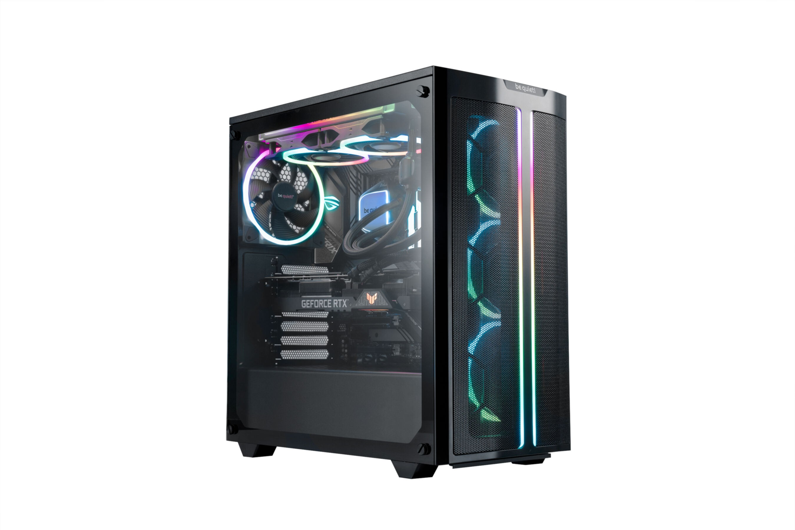 Siyah PC kasası, aydınlatmalı iç bileşenler: GPU, fanlar ve sıvı soğutucu.