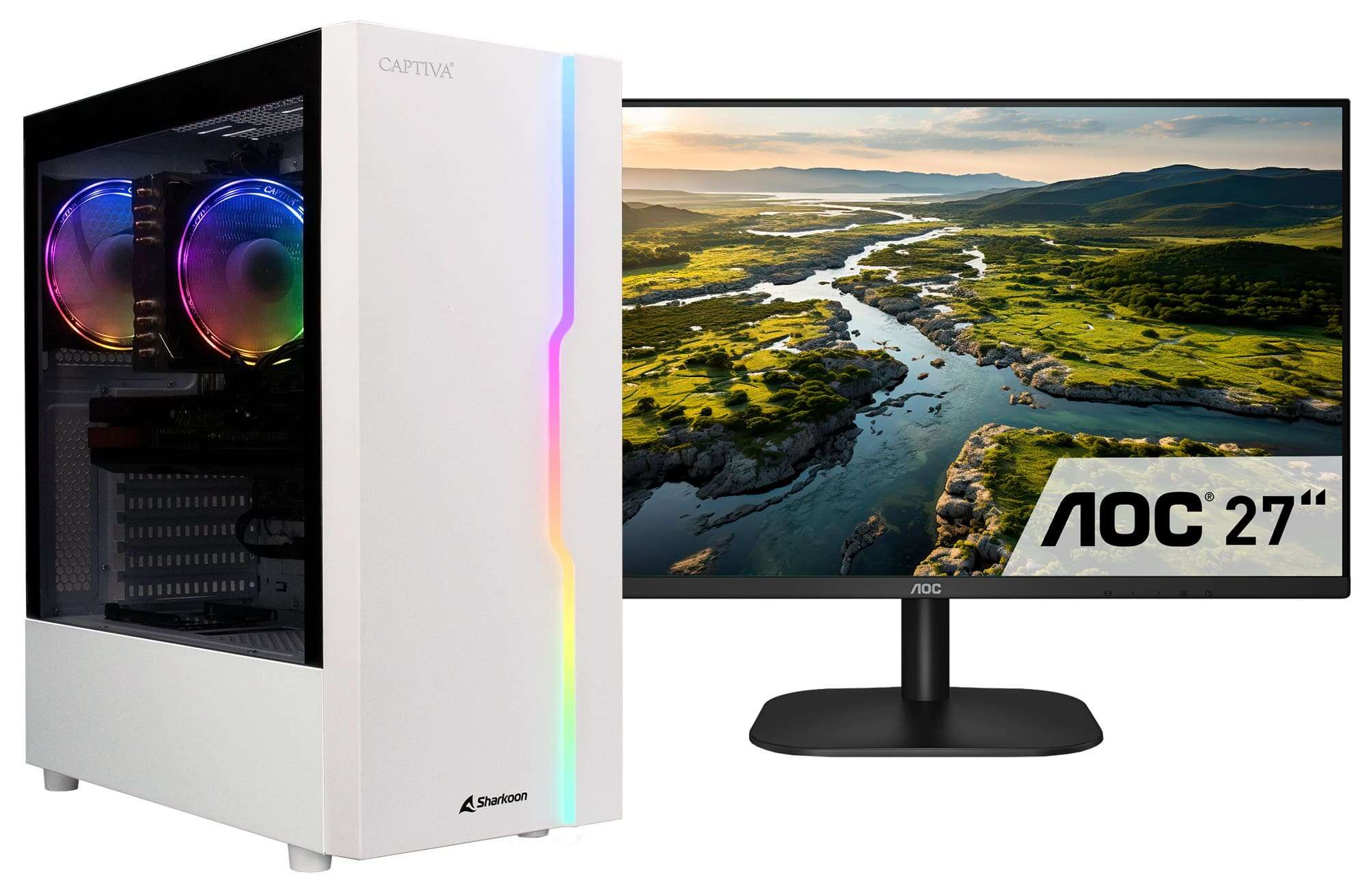 Een witte computerkast naast een monitor met een landschap.