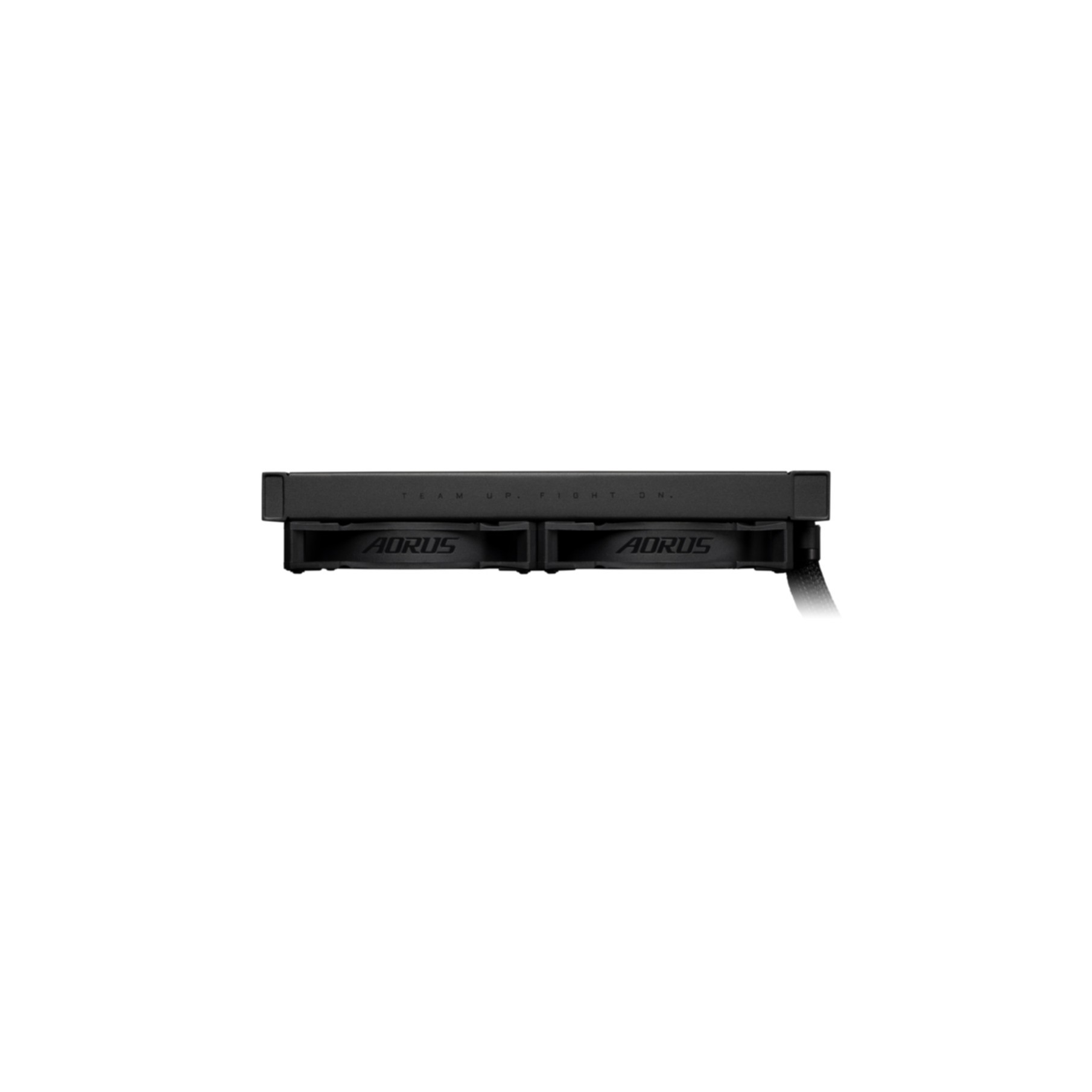 Modulo di controllo ventola nero con testo "TEAM UP. FIGHT ON." e due loghi AORUS.