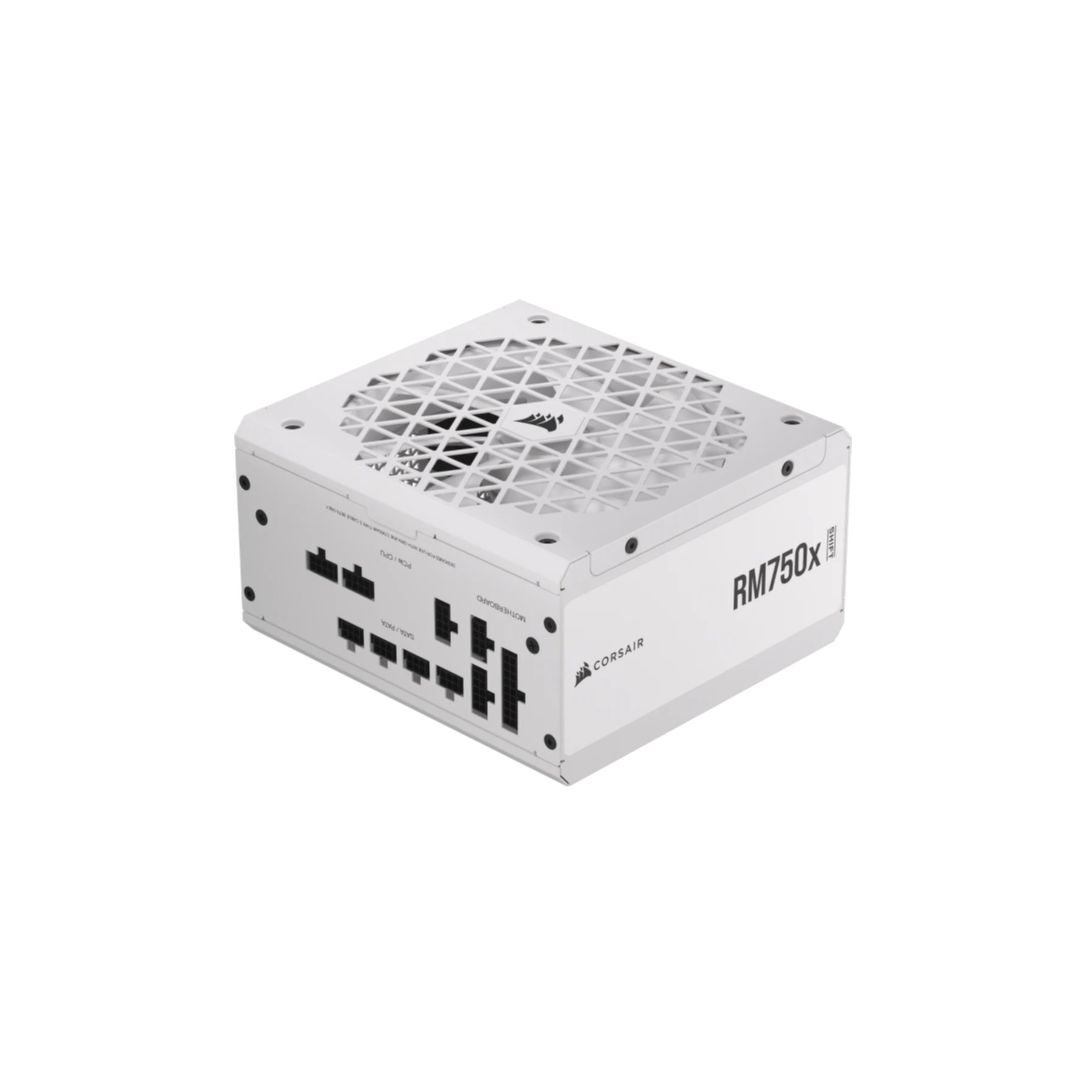 Biały zasilacz Corsair RM750x. Ma kratkę na górze i różne porty z boku.