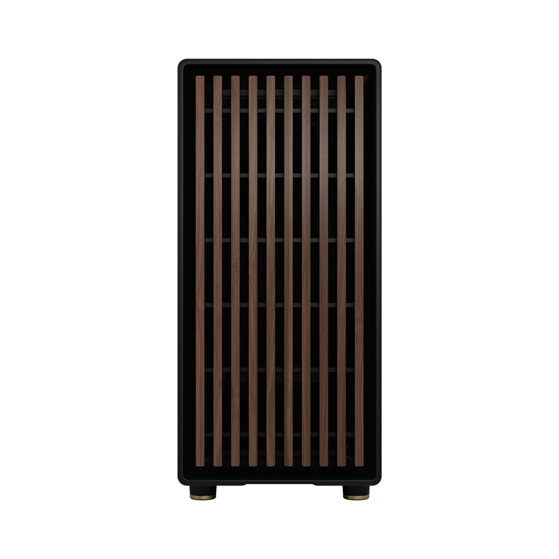 Een zwarte kast met verticale houten lamellen aan de voorkant.