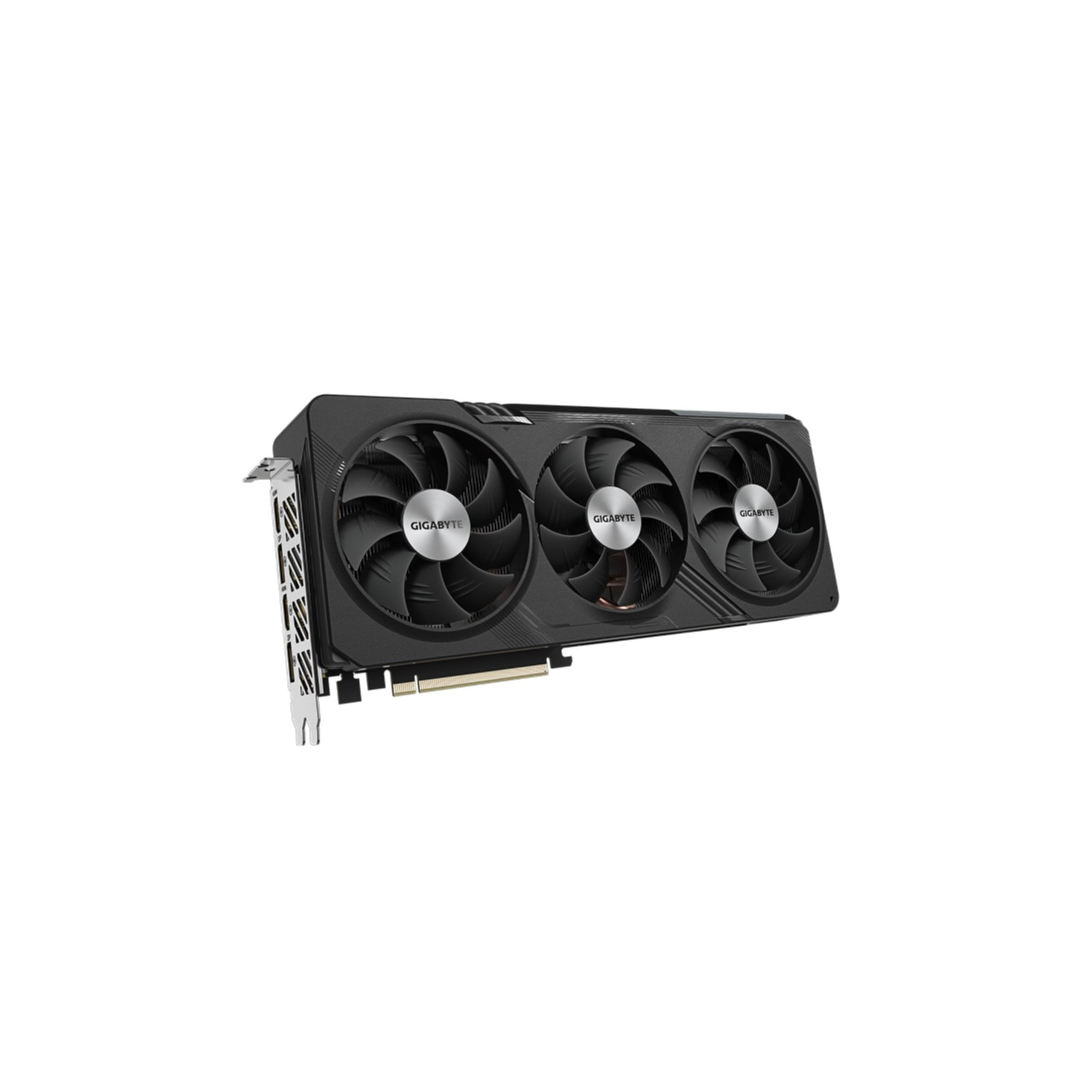 Una GPU Gigabyte con tres ventiladores sobre un fondo blanco.