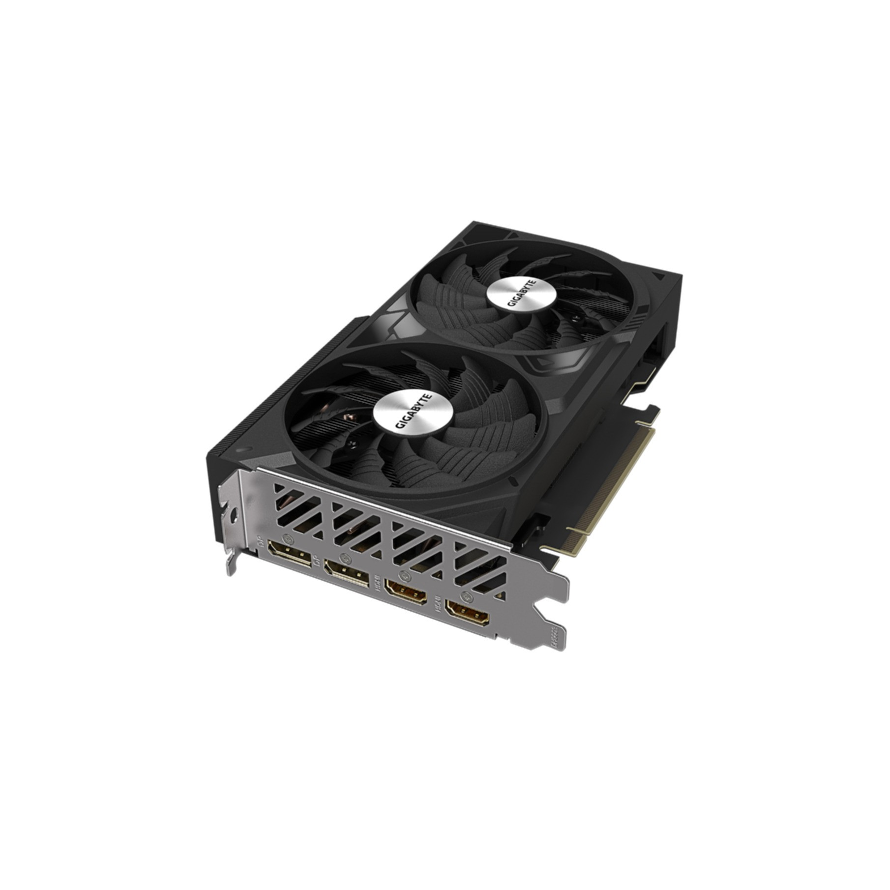 Scheda grafica nera con due ventole. La scheda è nera con accenti argentati e più porte HDMI.