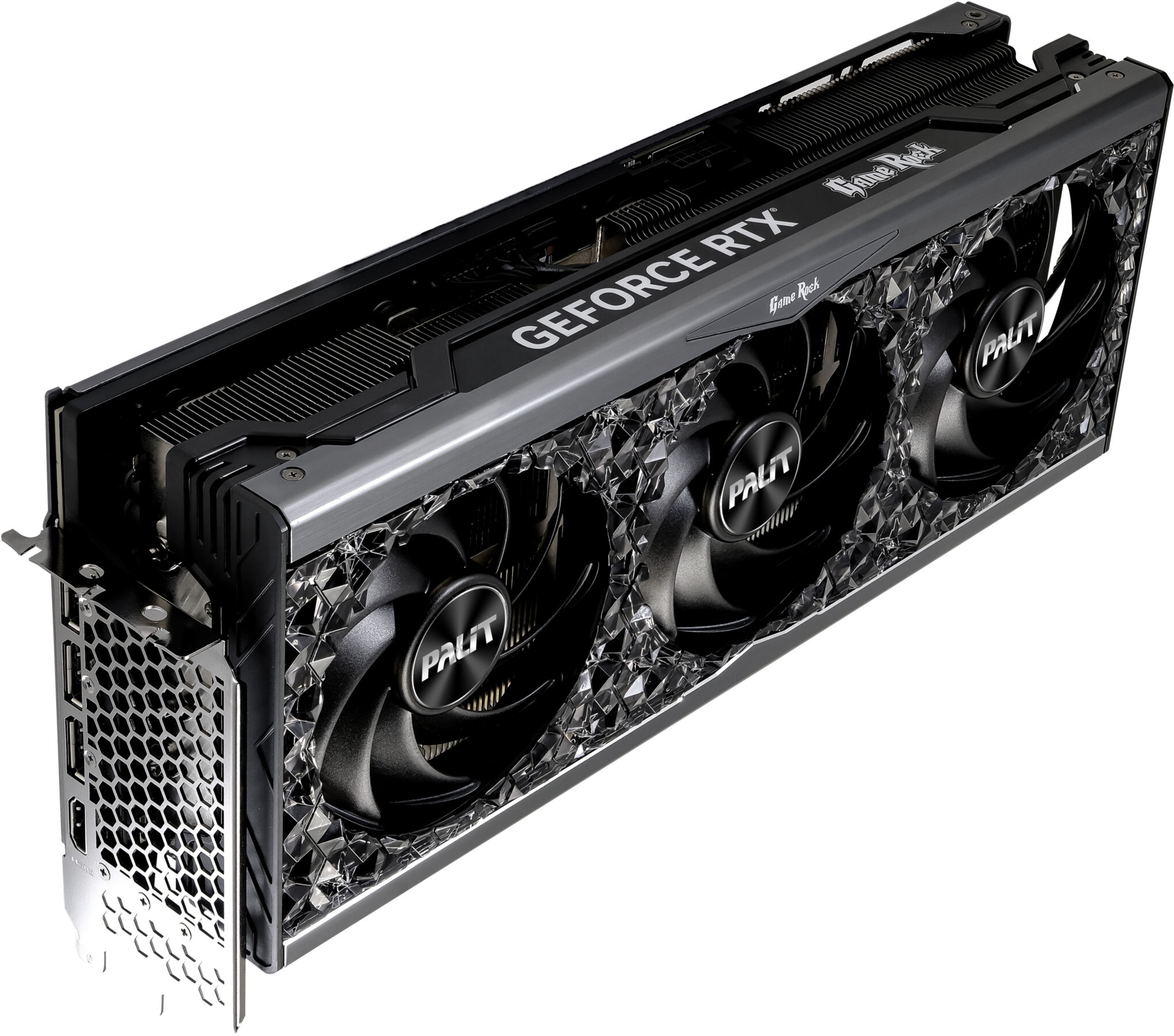 Scheda grafica nera e argento con tre ventole. Testo: GEFORCE RTX.