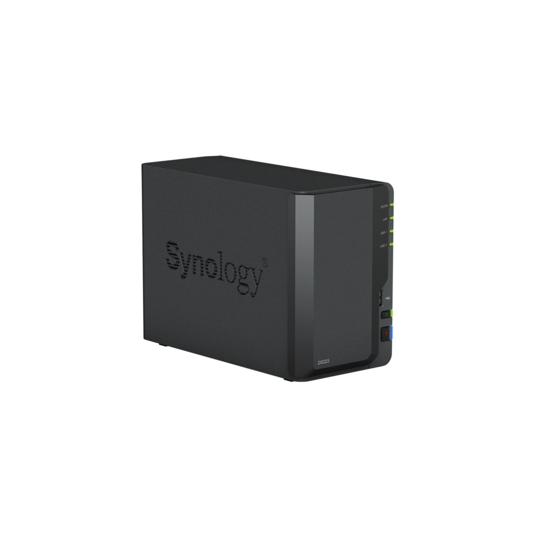 Dispositivo NAS Synology nero su superficie bianca. Il nome del marchio è visibile.
