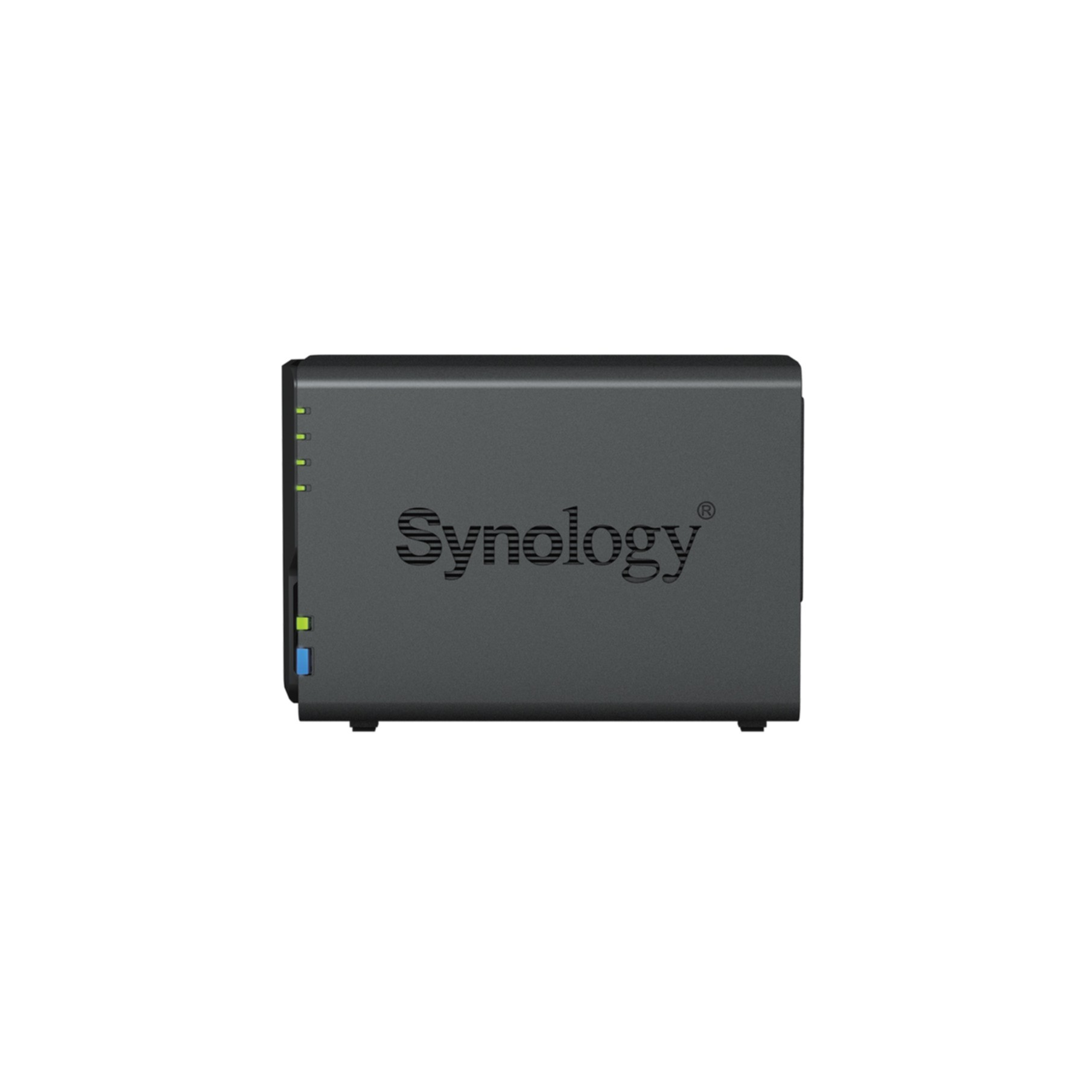 Un dispositivo NAS Synology nero con il marchio sulla parte anteriore.