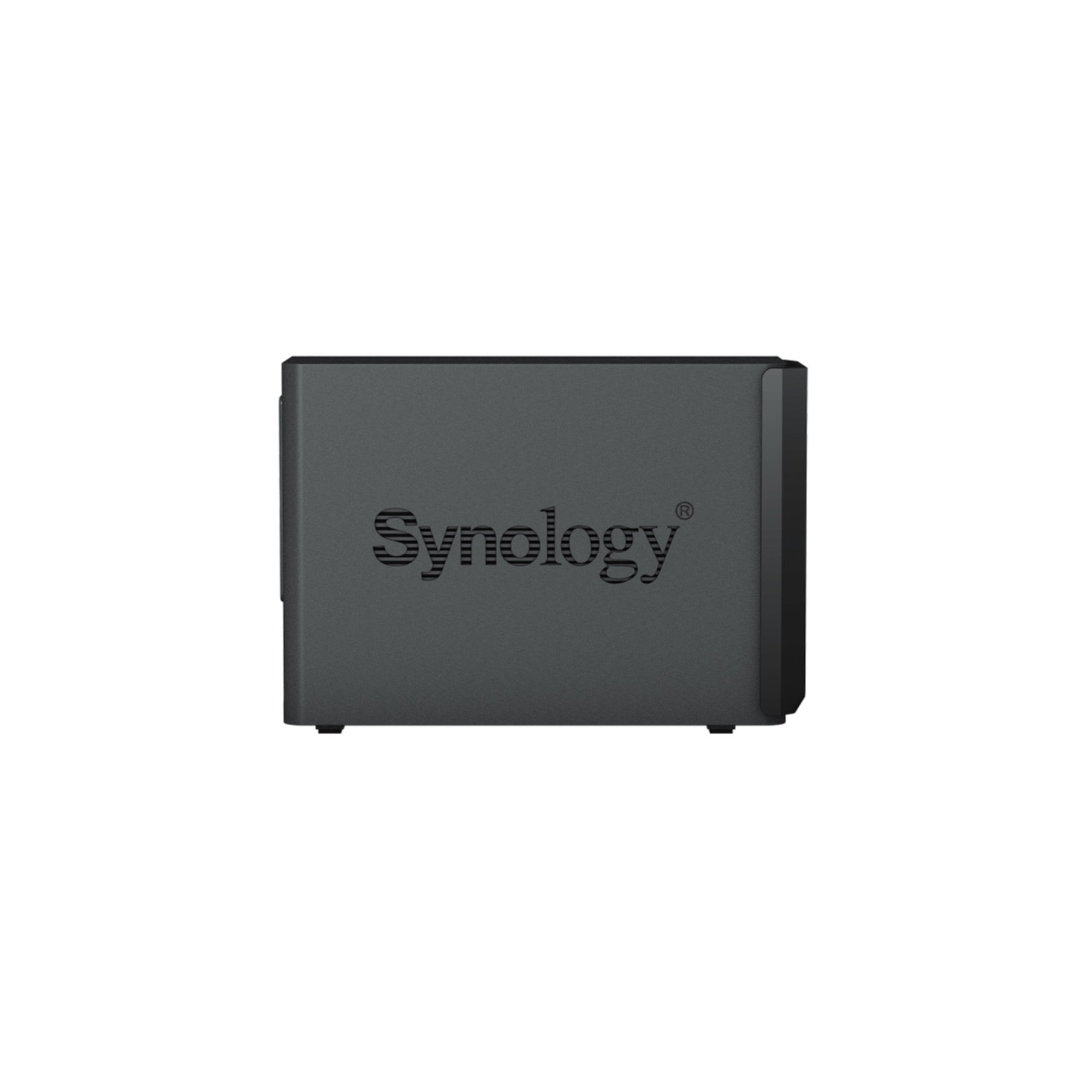 Server NAS Synology nero, vista dall'alto, con logo Synology, sfondo bianco.