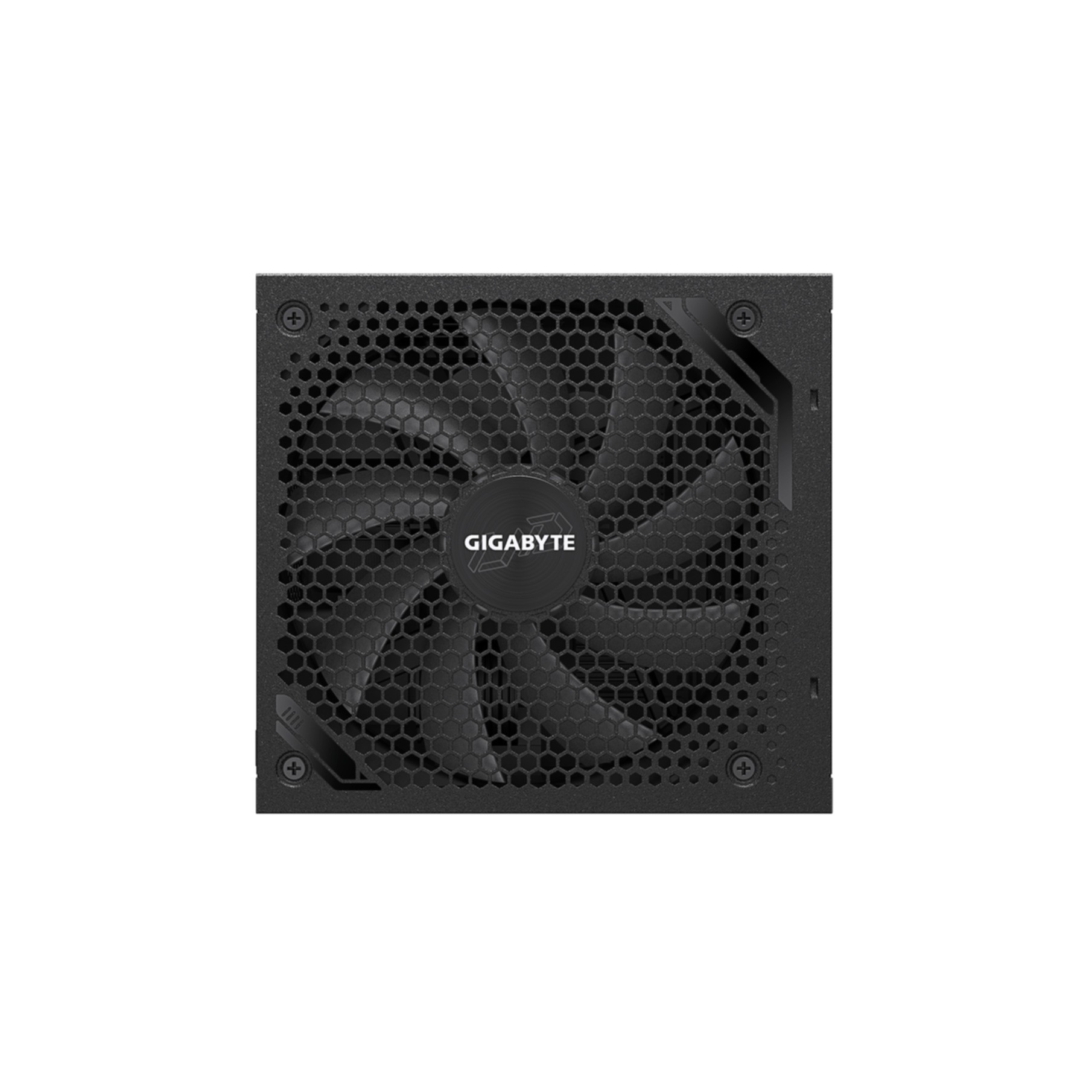 Czarny wentylator do komputera Gigabyte, zbliżenie na białym tle.