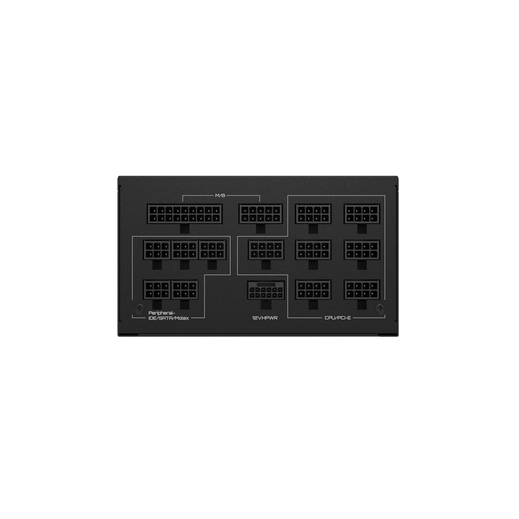 Czarny zasilacz z wieloma portami i złączami, na białym tle.