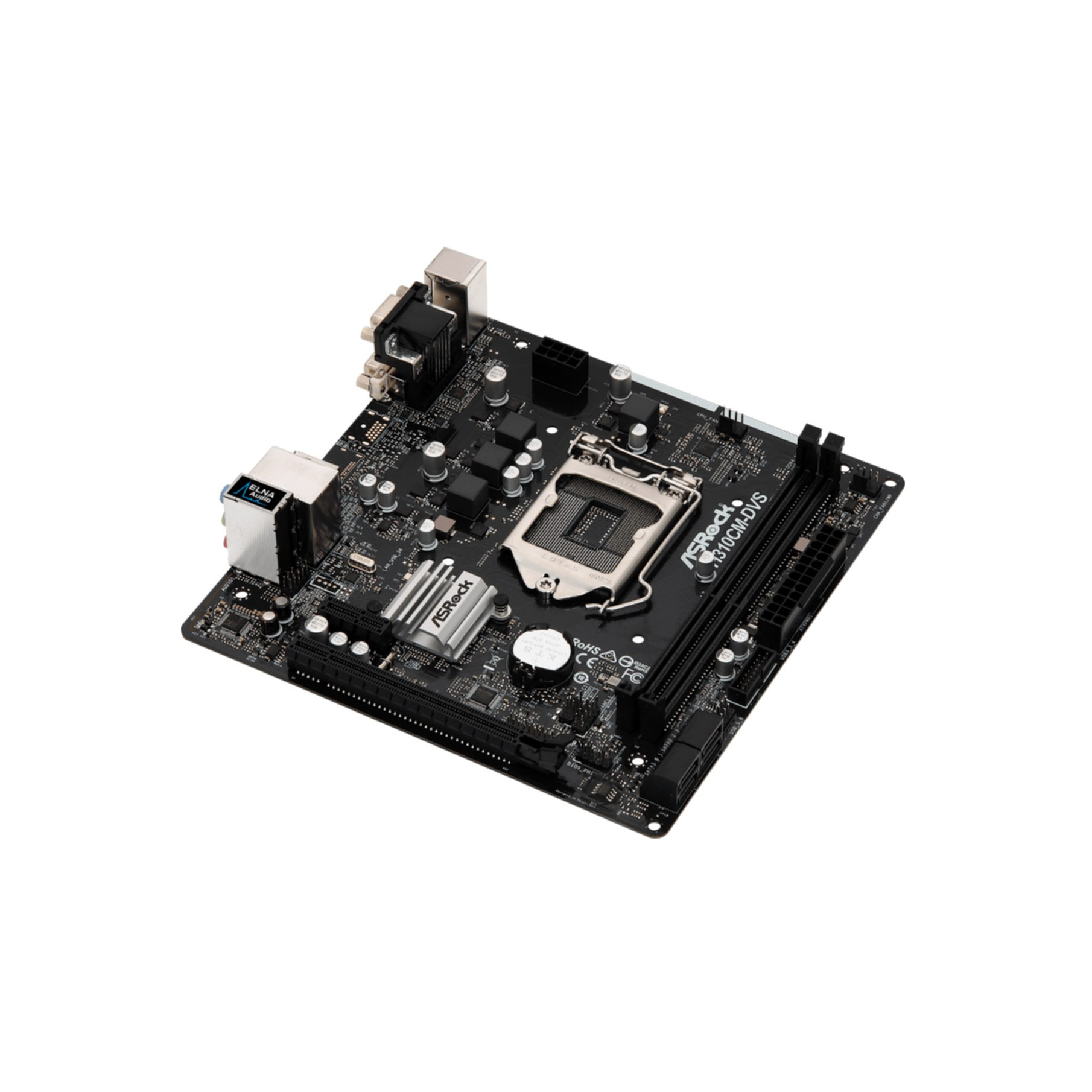 Scheda madre ASRock nera, vari componenti visibili.