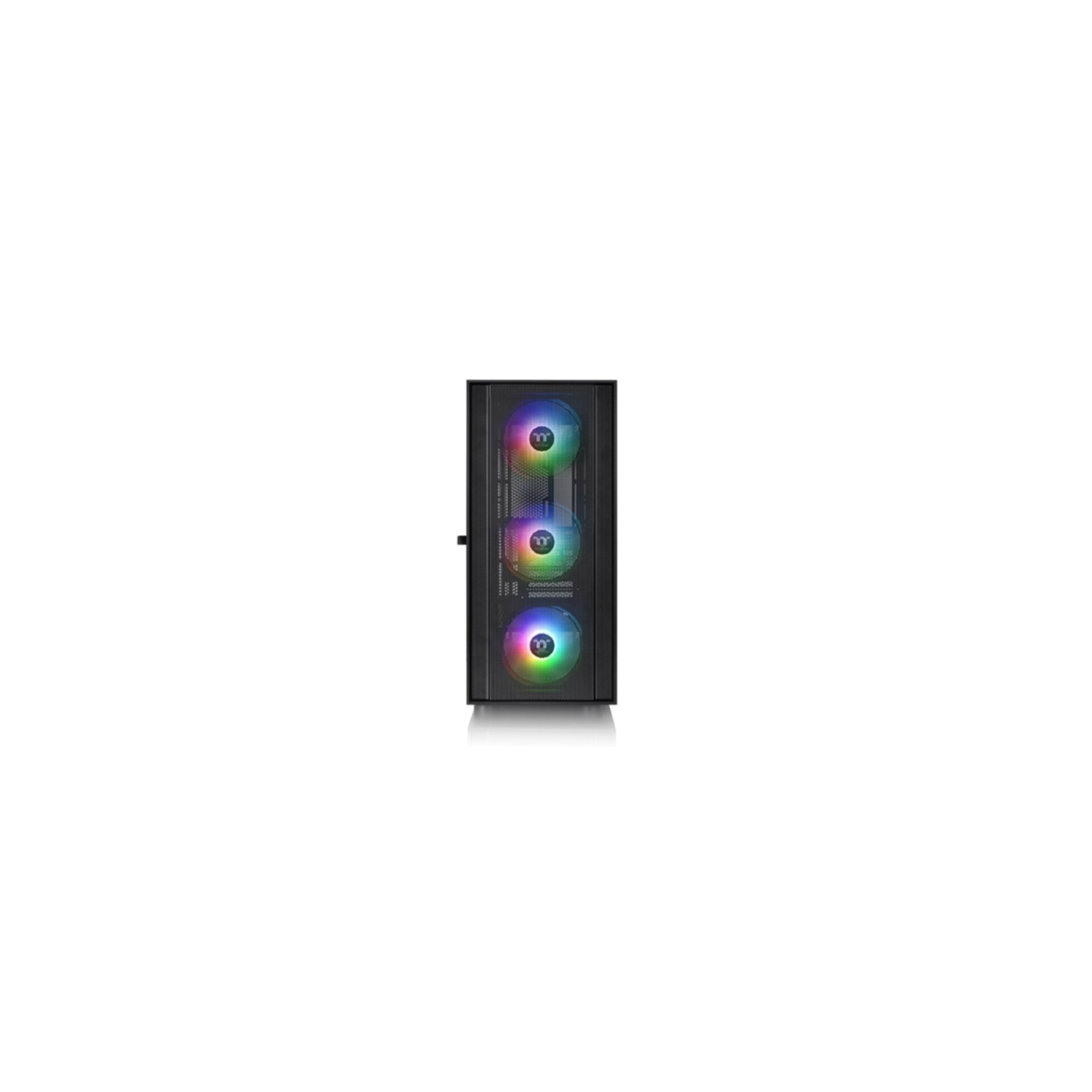 Schwarzes Computergehäuse mit drei Frontlüftern, die farbige Lichter anzeigen.