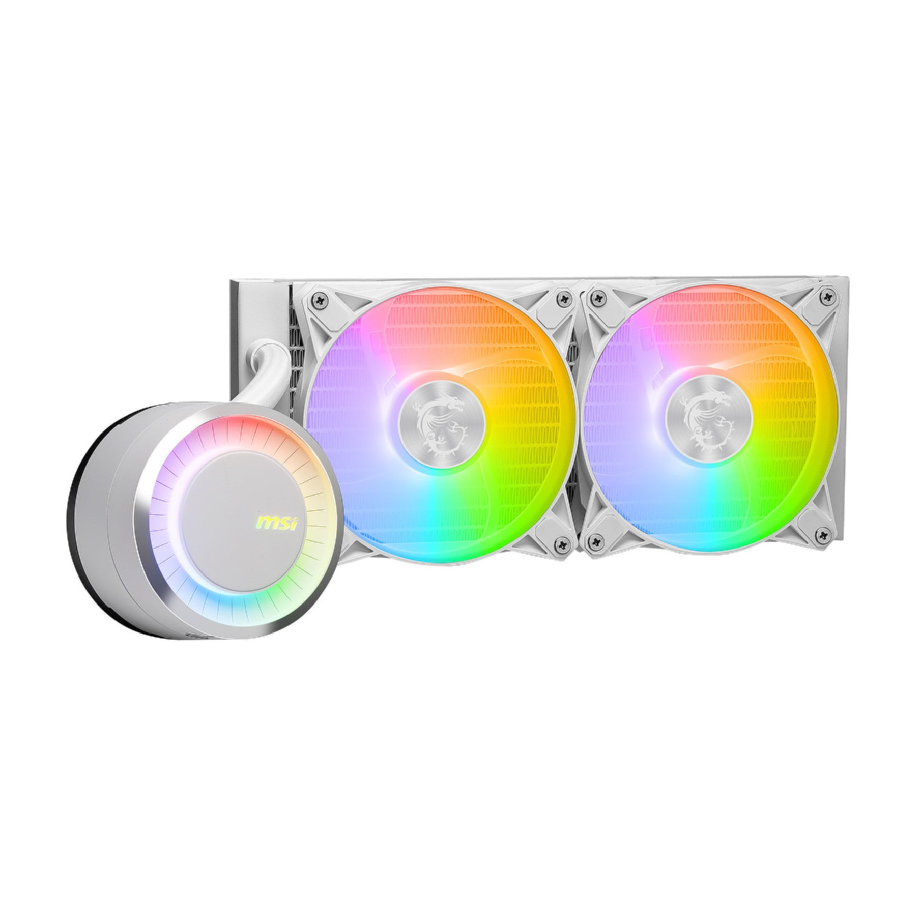 Biała chłodnica wodna z dwoma wentylatorami. Wiatraki mają tęczowe łopatki, marka 'MSI'.
