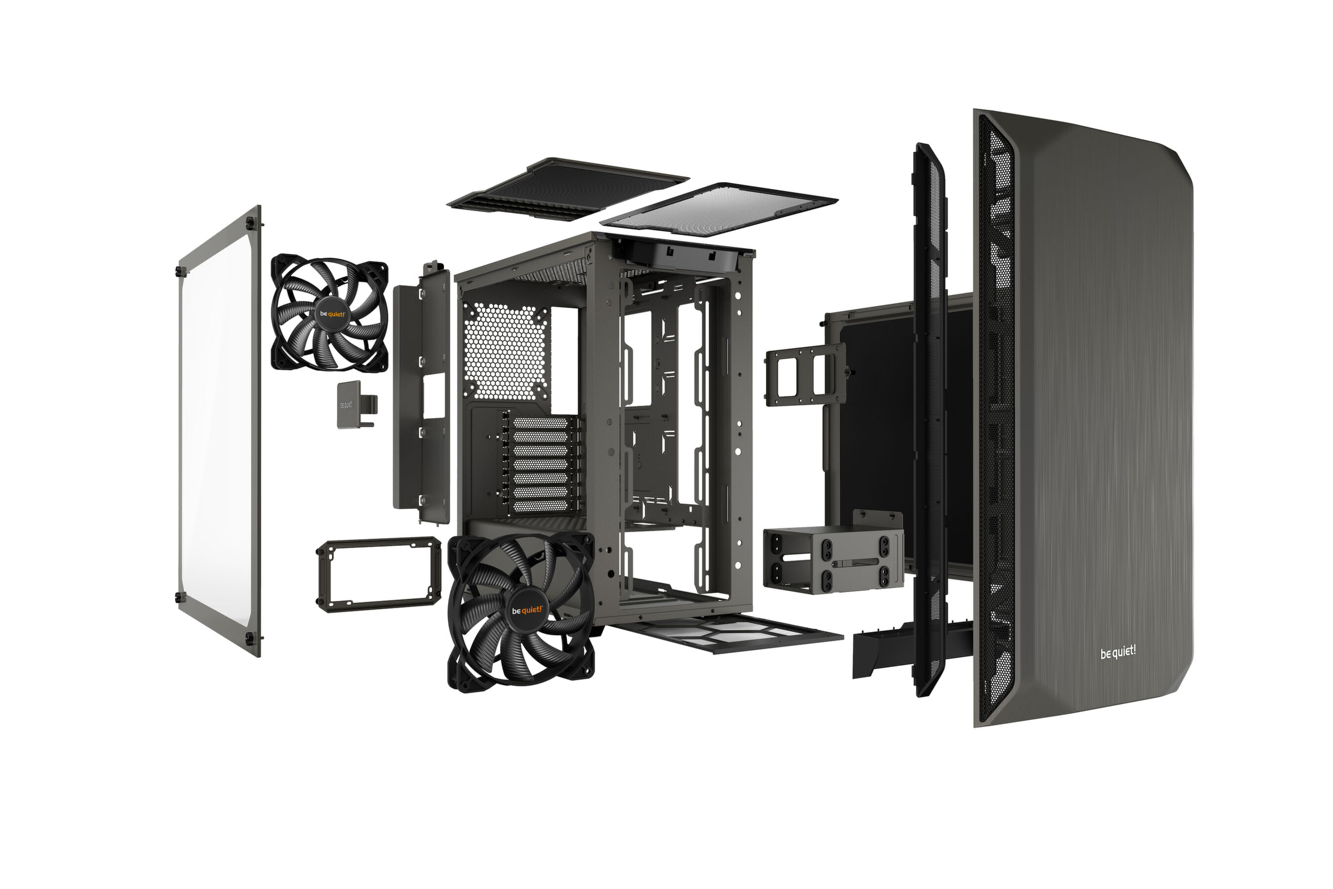 Vista esplosa del case del computer, che mostra i componenti. Telaio, ventole e pannelli sono visibili.