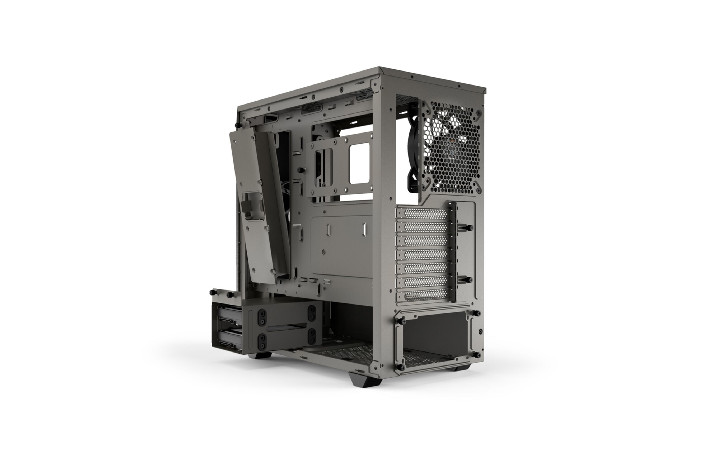 Case del computer, aperto. Case in metallo grigio. Componenti interni visibili. Sfondo bianco.