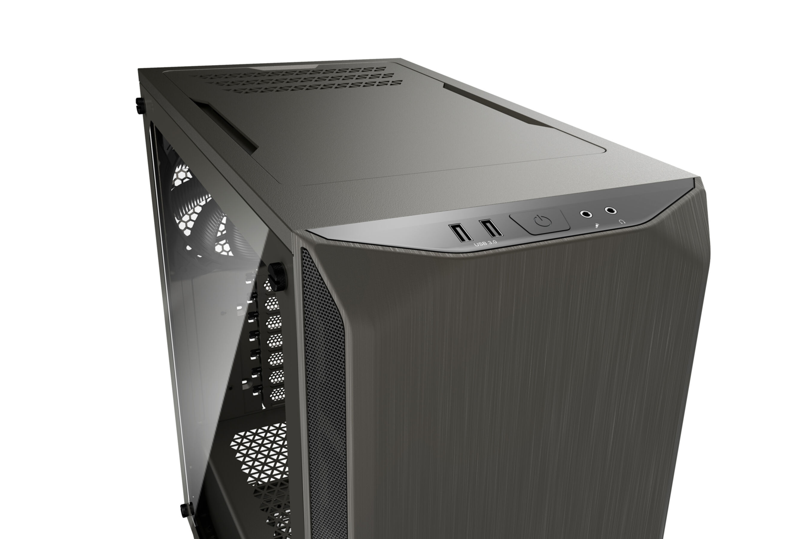 Case per computer. Grigio scuro, porte USB e pulsante di accensione sopra.