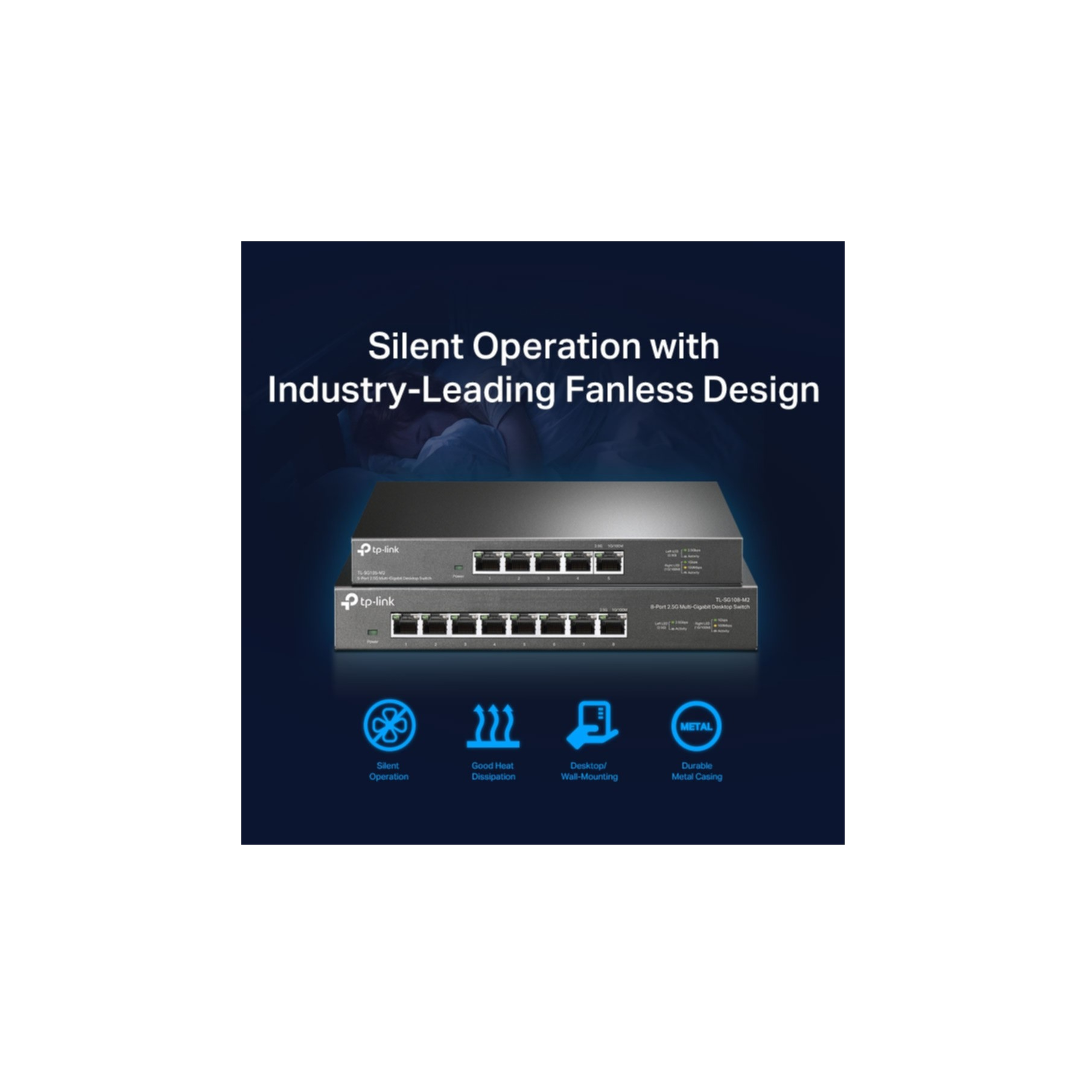 Commutateur réseau noir et gris avec le texte "Silent Operation" et "Fanless Design".