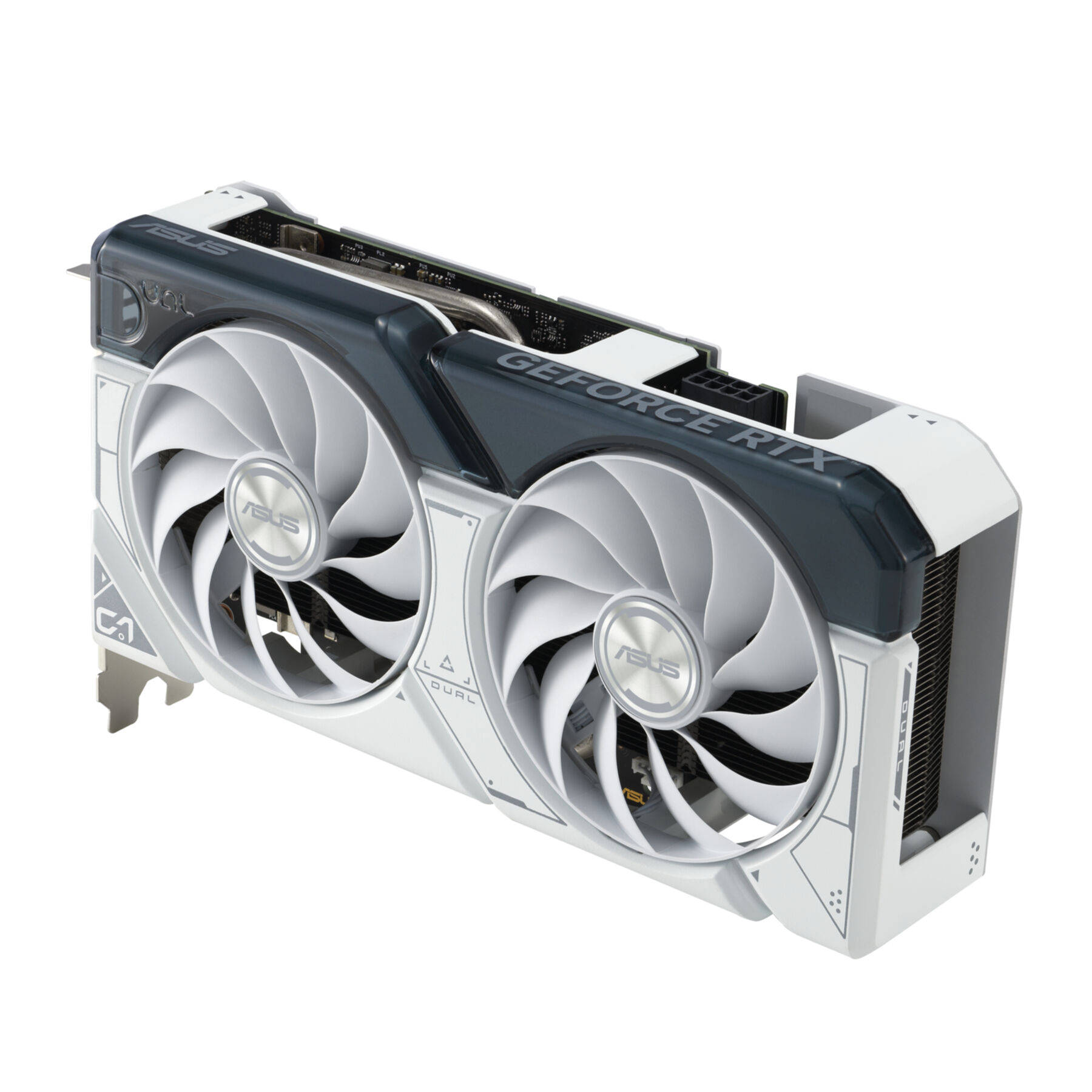 Scheda grafica ASUS GeForce RTX bianca e grigia con doppie ventole. Loghi ASUS e GeForce RTX.