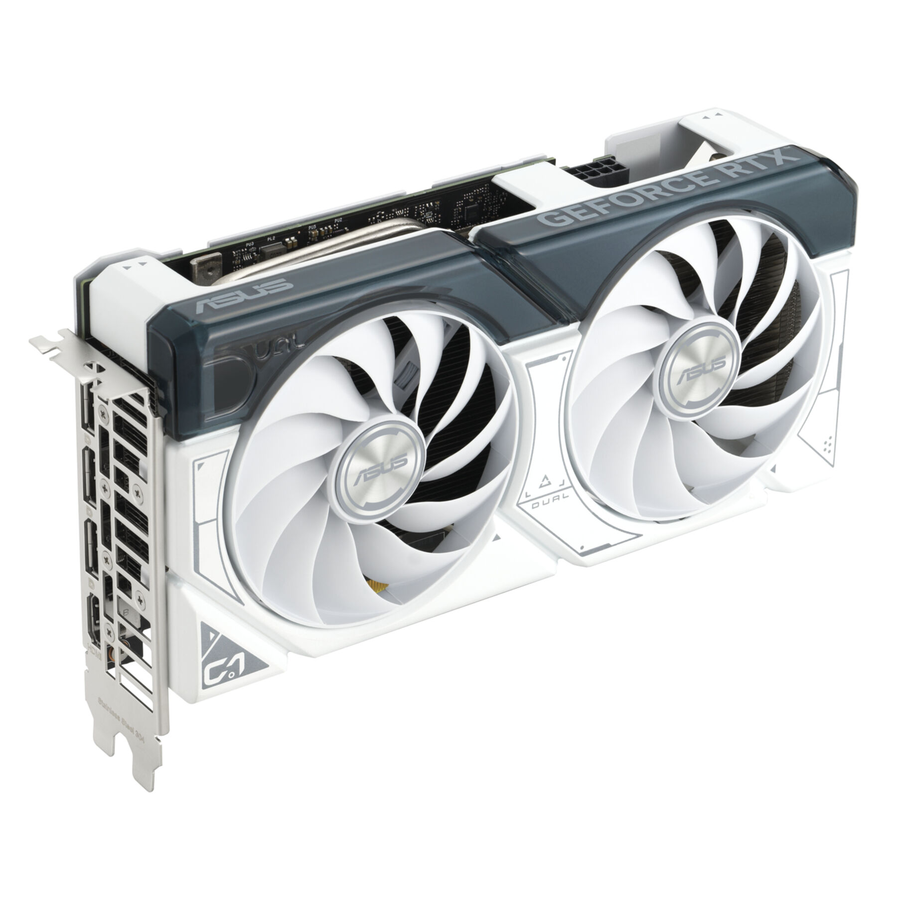 Una scheda grafica ASUS GeForce RTX bianca e grigia, con due ventole e una staffa metallica, su sfondo bianco.