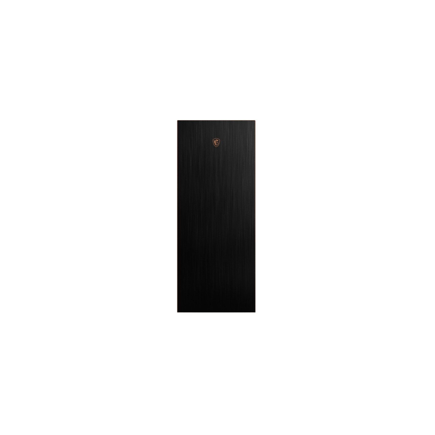 Czarna obudowa komputera z logo MSI, prosty, pionowy design na białym tle.
