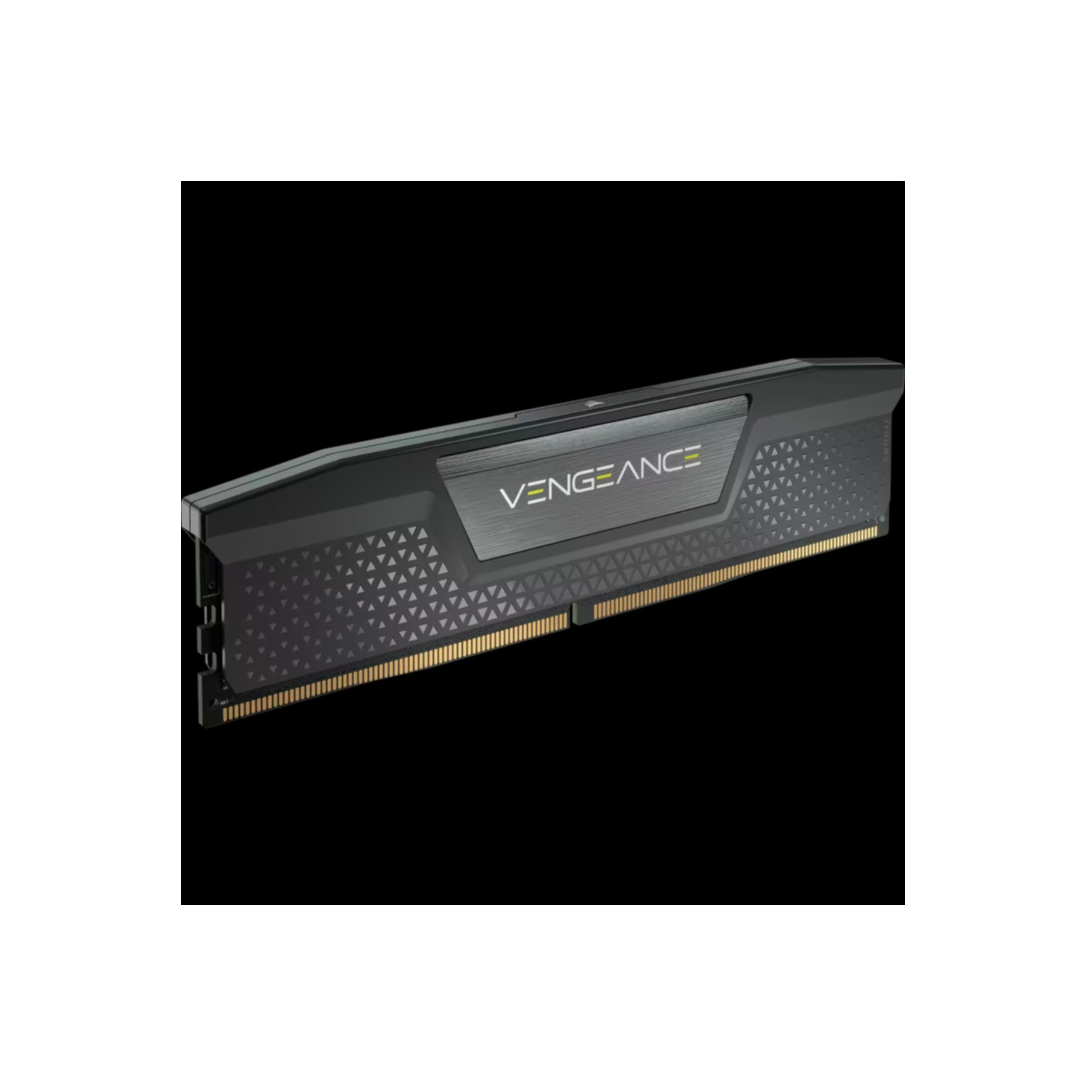 Czarny moduł RAM z tekstem Vengeance. Złote akcenty i trójkątny wzór na powierzchni.