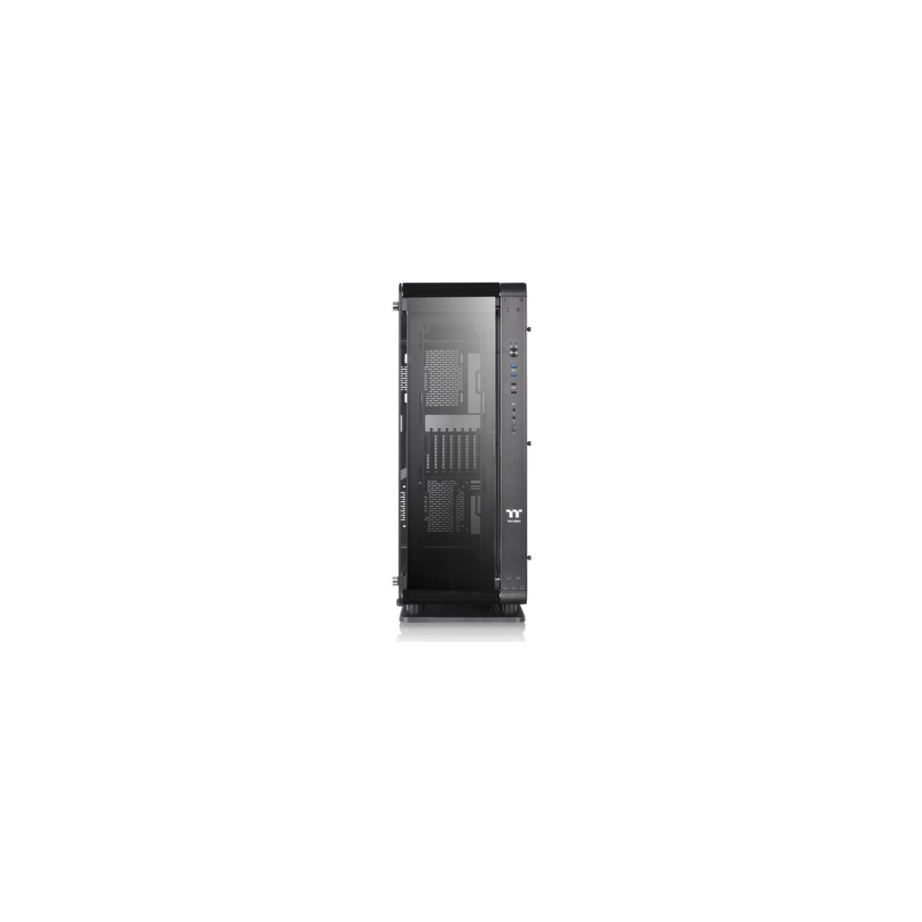 Un case per computer nero, mostrato frontalmente. Ha un pannello di vetro e dettagli neri.