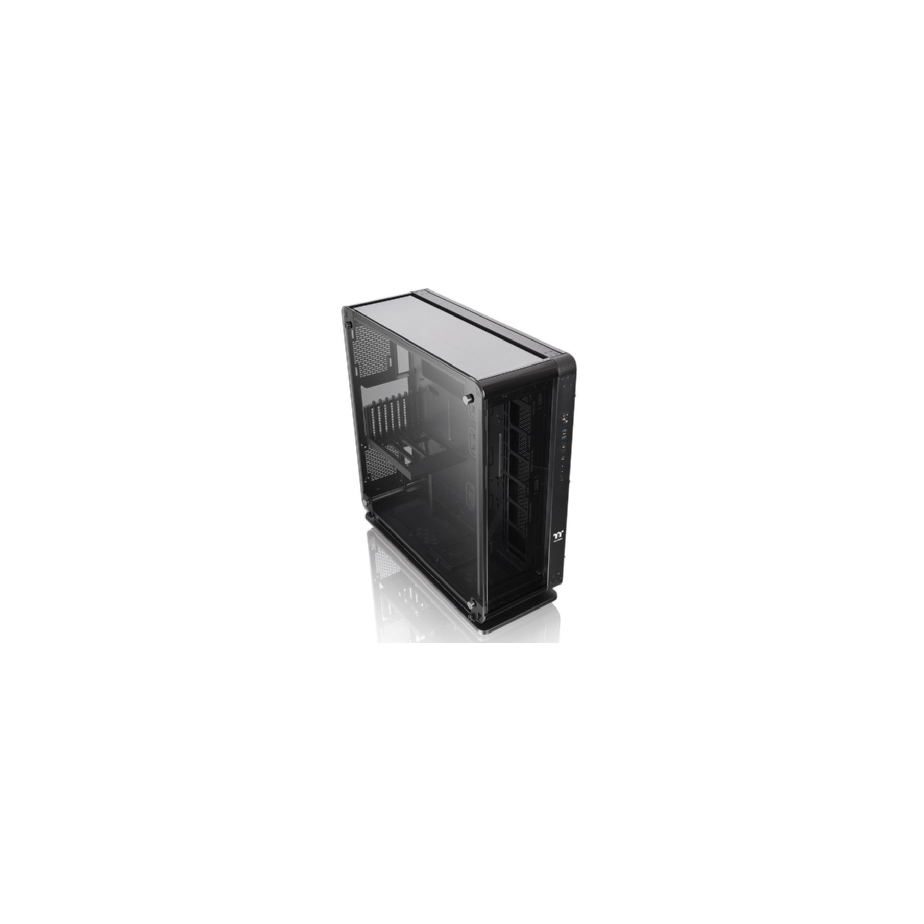 Case per computer con pannelli in vetro. Design nero e trasparente.
