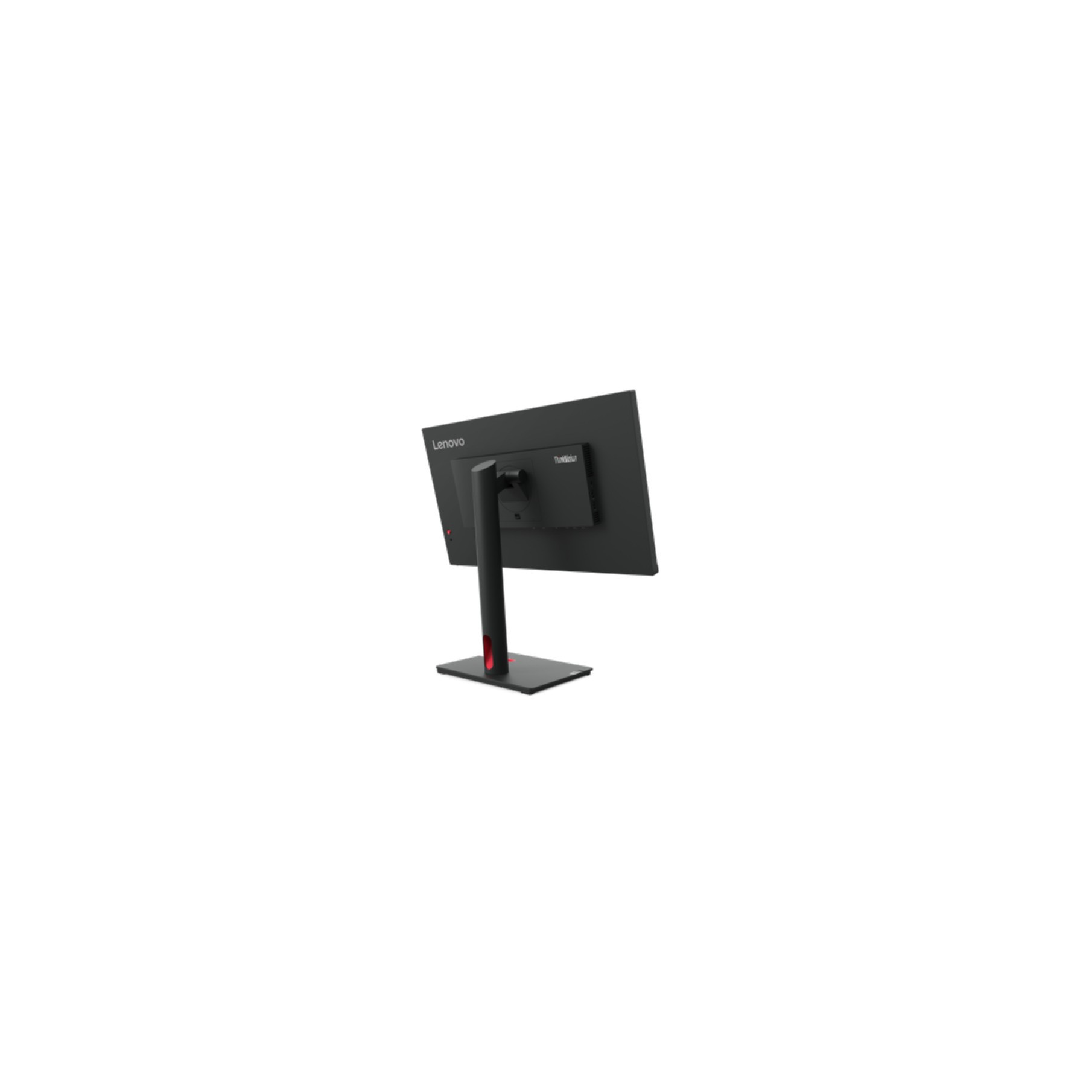 Schwarzer Computermonitor mit rotem Fuß, zeigt die Rückansicht. Lenovo ThinkVision-Logo sichtbar.