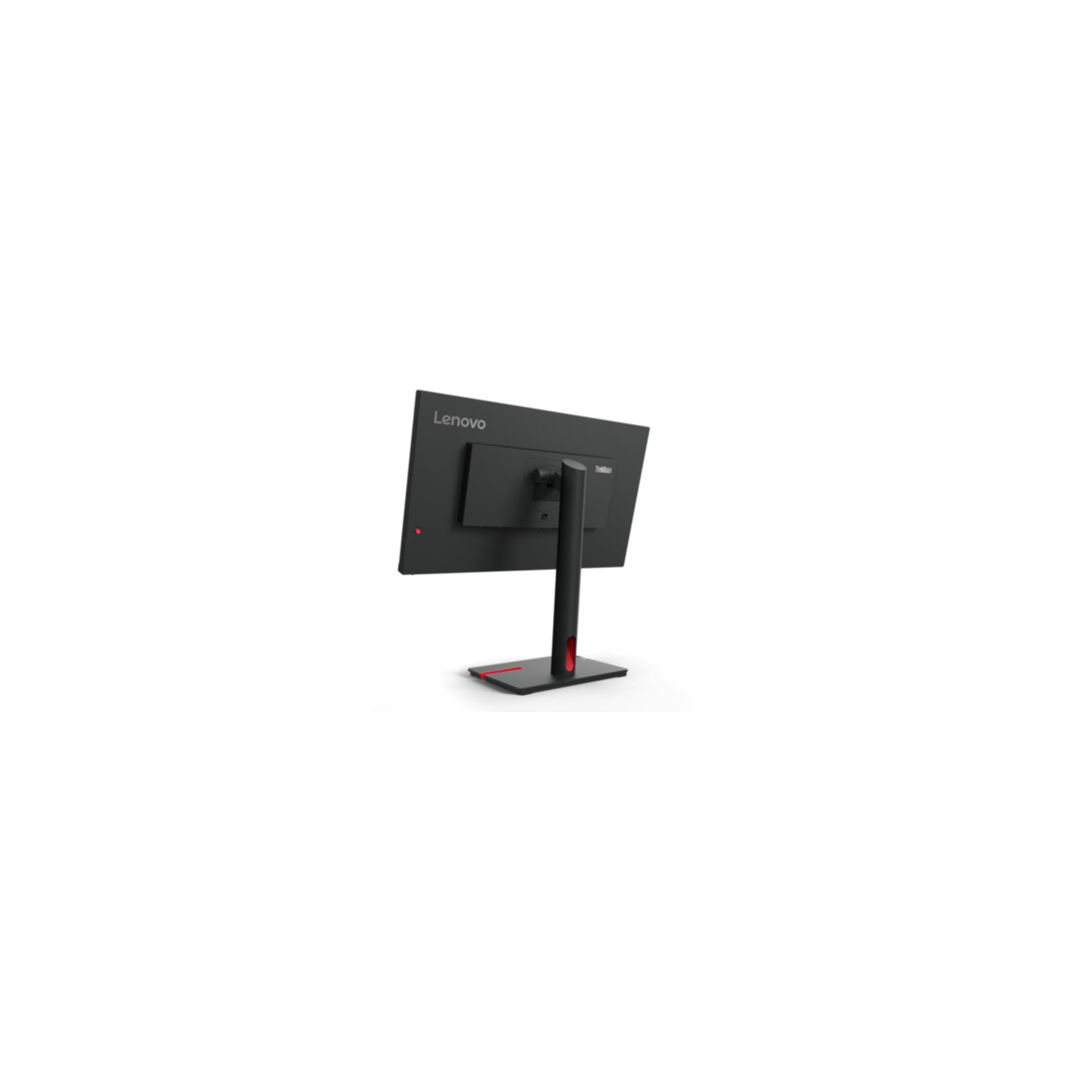 Schwarzer Lenovo-Monitor, Rückansicht. Zeigt den Ständer und das Lenovo-Branding.