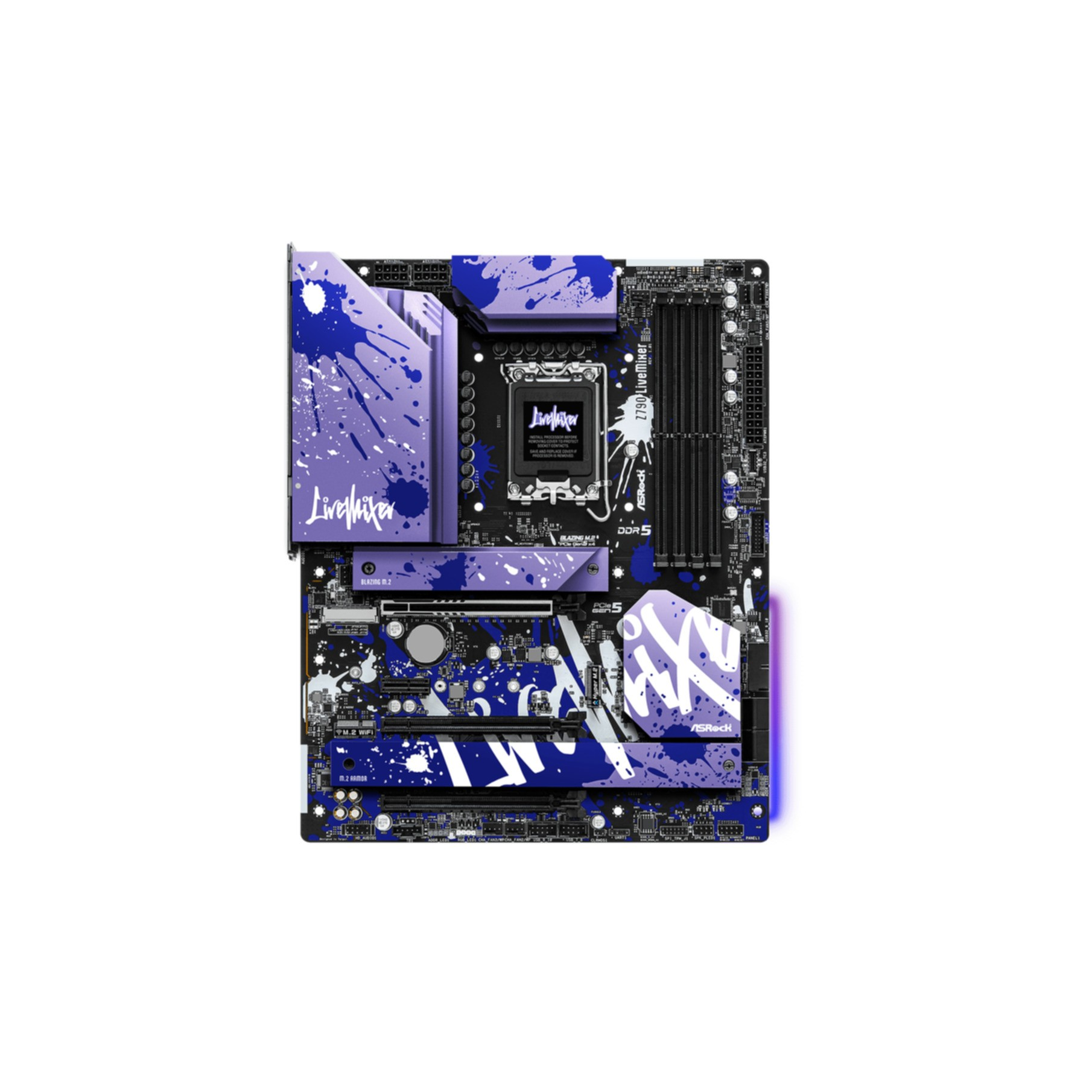 Computer-Motherboard, lila Farbschema mit weißen Akzenten.