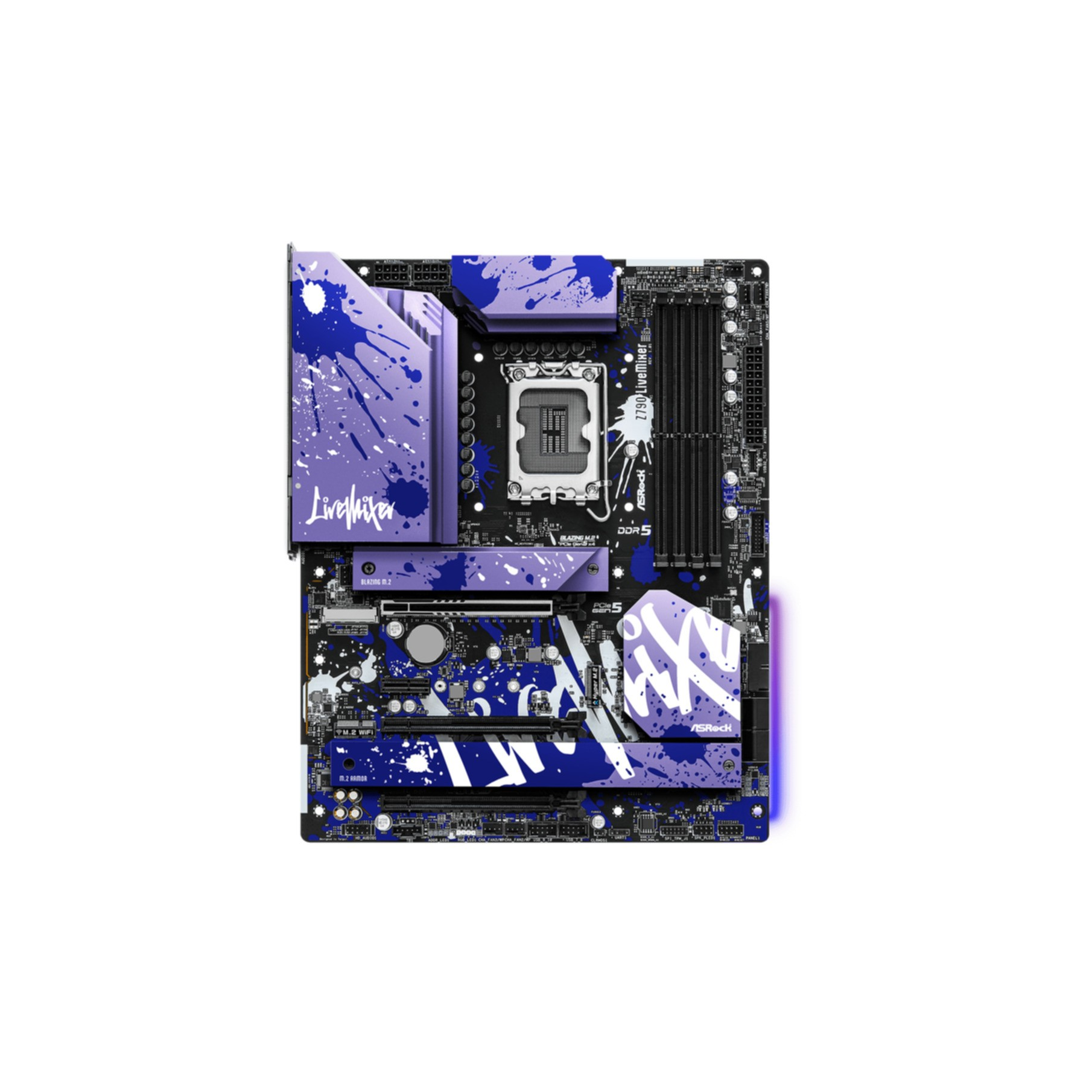 Ein Computer-Motherboard mit lila und blauen Farbspritzern. Das Board befindet sich auf einem weißen Hintergrund.