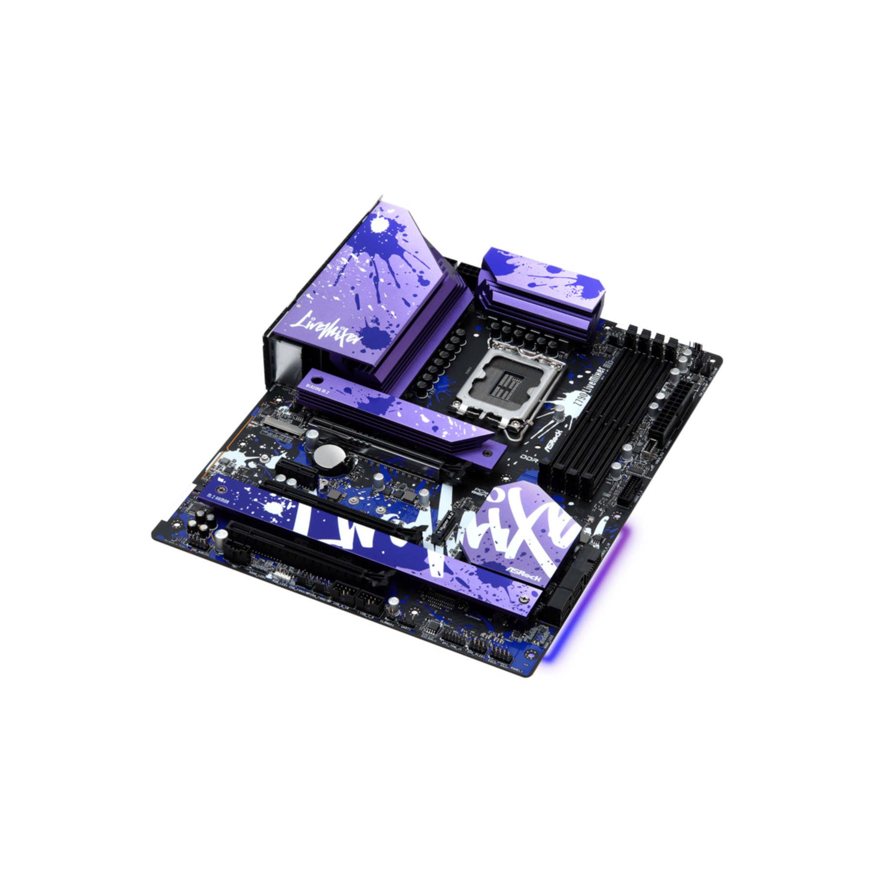 Lila Motherboard mit Farbspritzern und mehreren Steckplätzen und Komponenten.