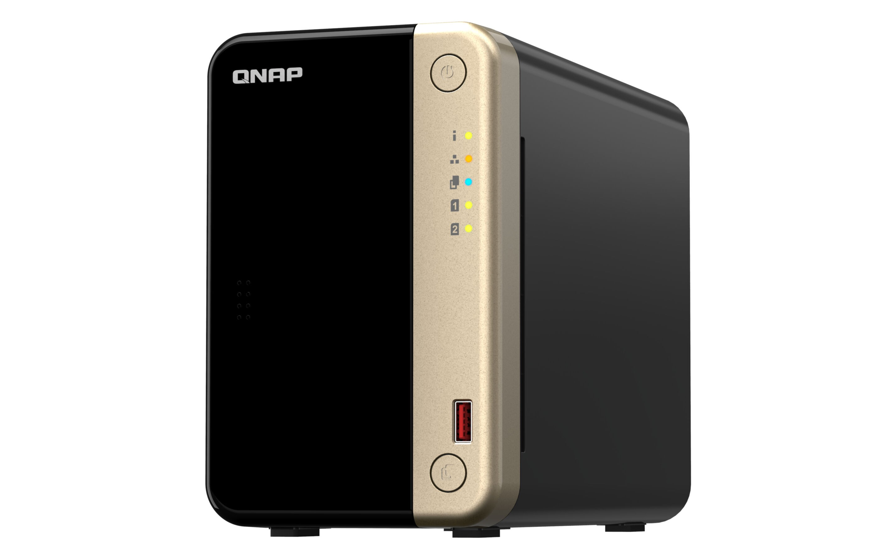 Schwarzer und goldener QNAP NAS-Server. Er hat Strom- und Aktivitätsleuchten sowie einen USB-Anschluss.