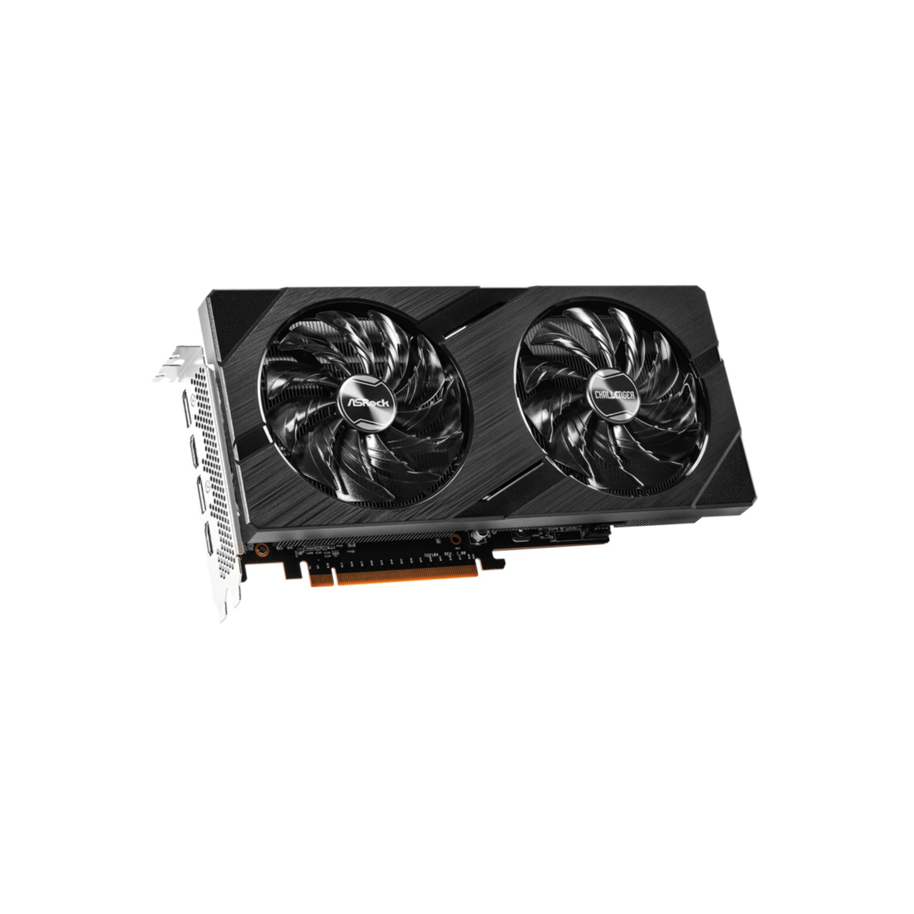 Czarna karta graficzna ASRock z dwoma wentylatorami na białym tle, z logo ASRock.