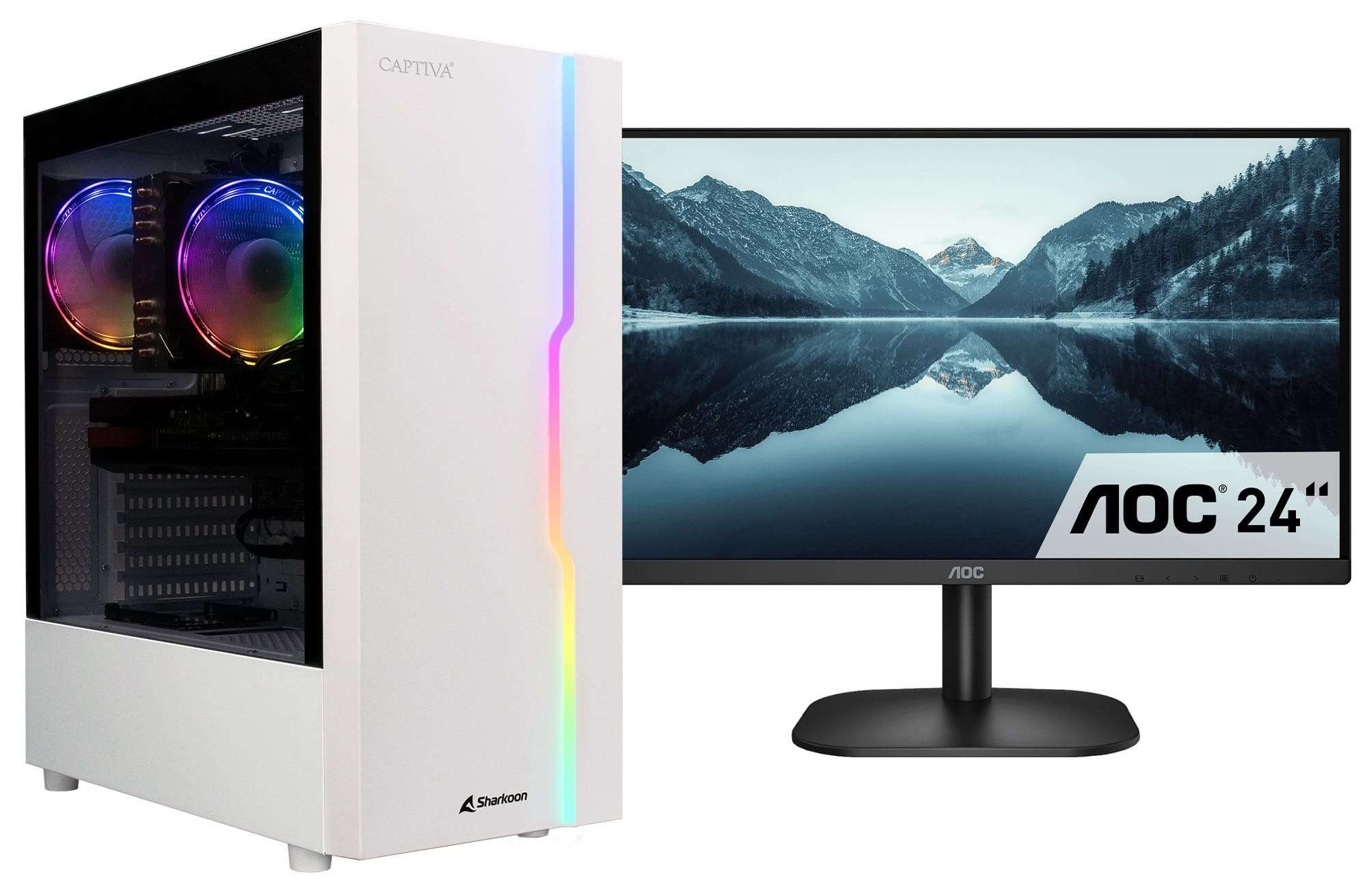 Witte computerkast en een 24" AOC-monitor. De kast heeft een Captiva-logo en RGB-verlichting.