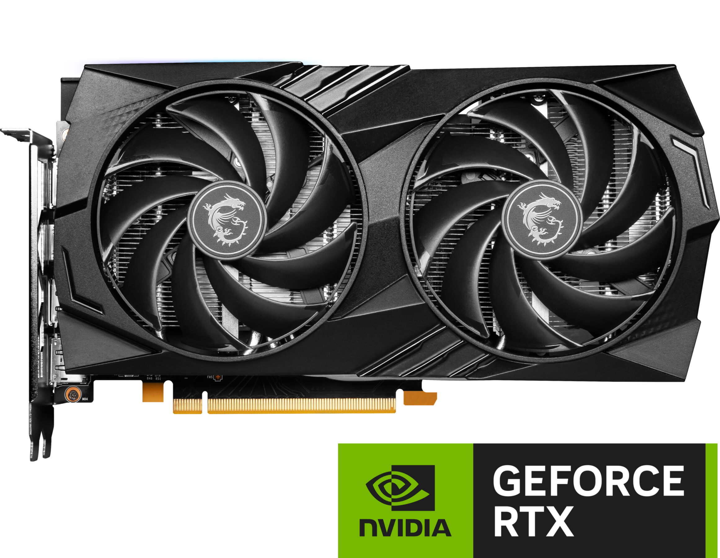 Schwarze und silberne Grafikkarte mit zwei Lüftern und einem Nvidia GeForce RTX-Logo. Winkelansicht.