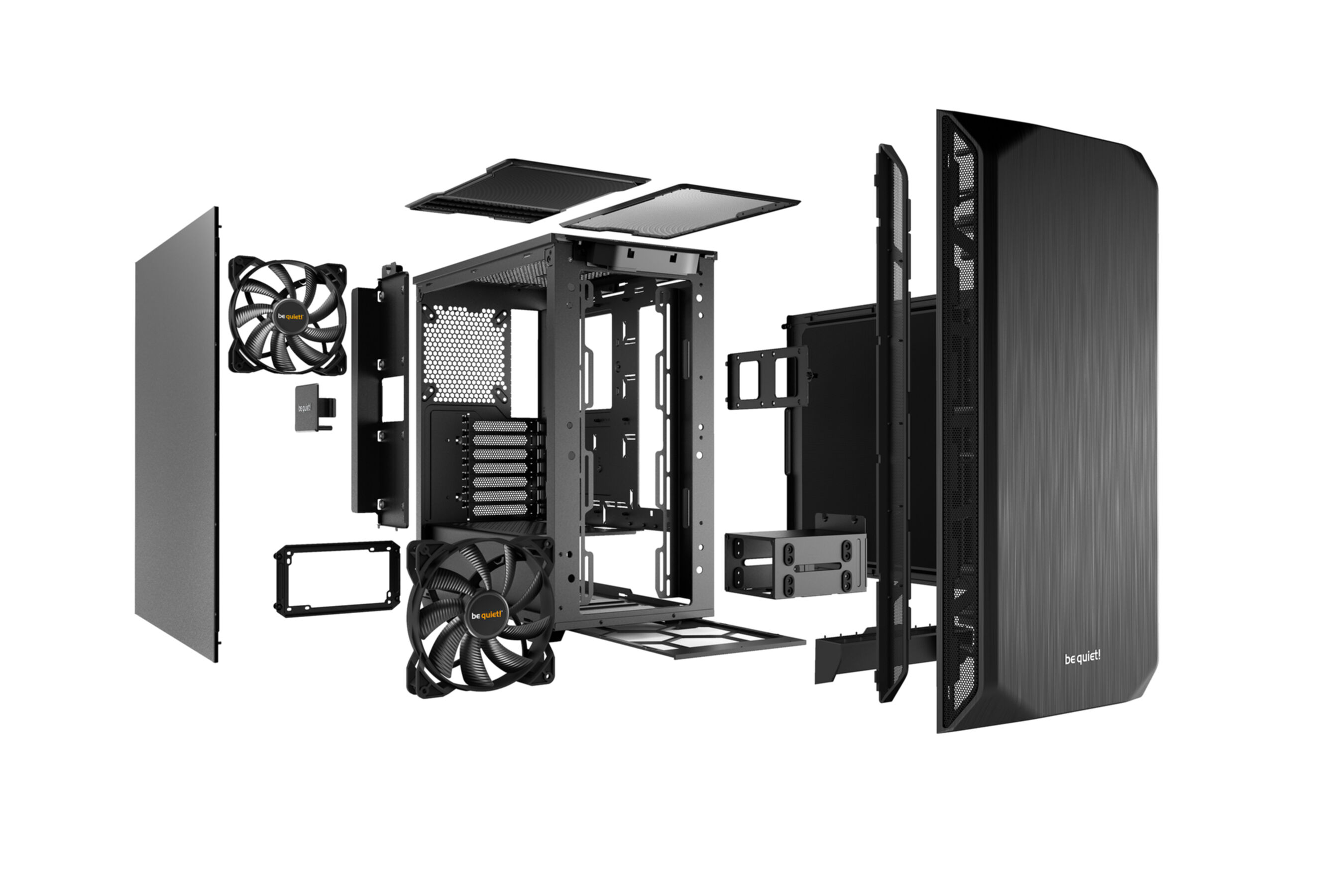 Vista esplosa del case del computer. Componenti neri. Ventole, pannelli e telaio.