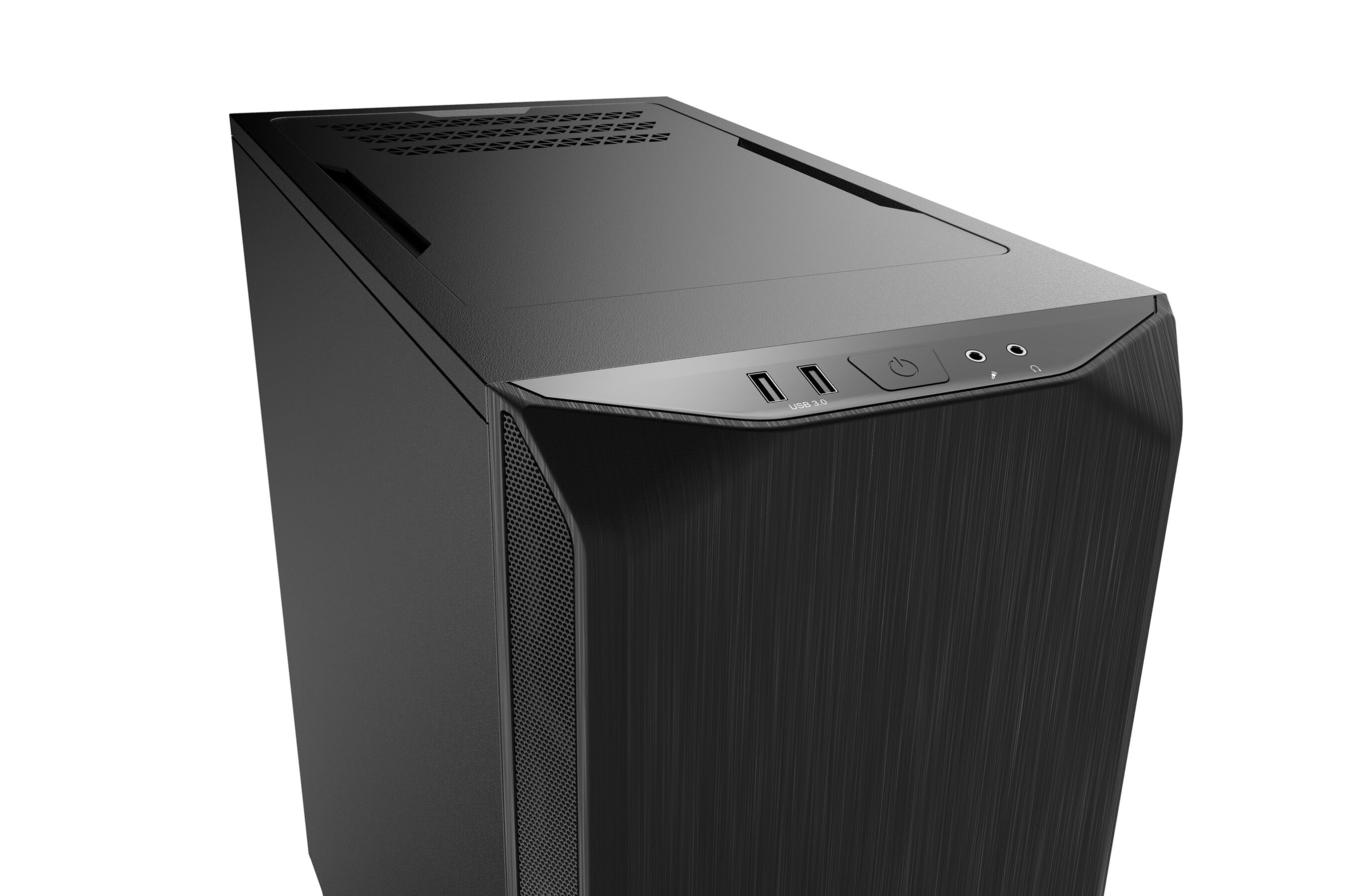 Primo piano di un case per computer nero, con una porta USB 3.0 e il pulsante di accensione visibili sulla parte superiore.