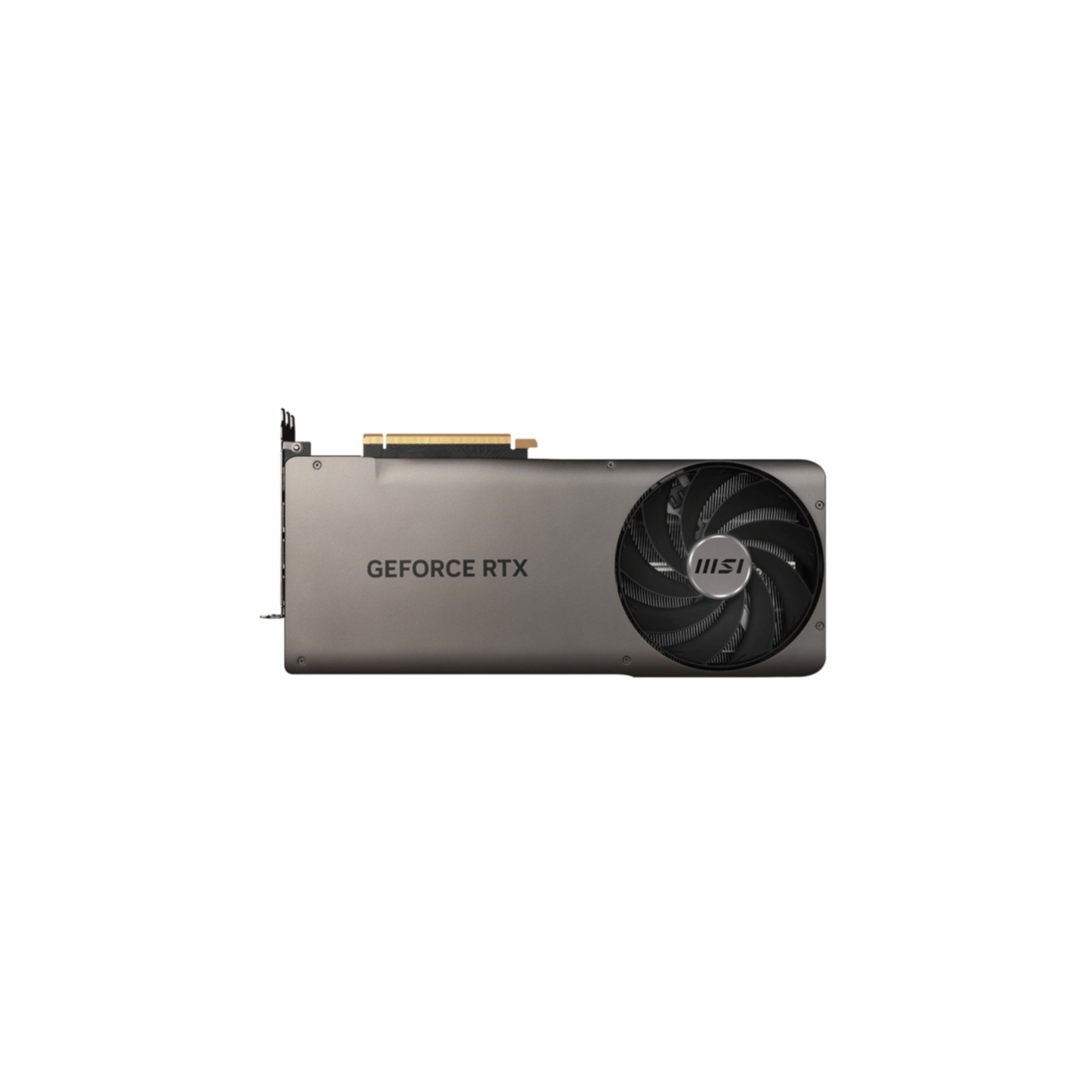 Eine silberne GeForce RTX Grafikkarte mit großem Lüfter. Die Karte ist auf weißem Hintergrund.
