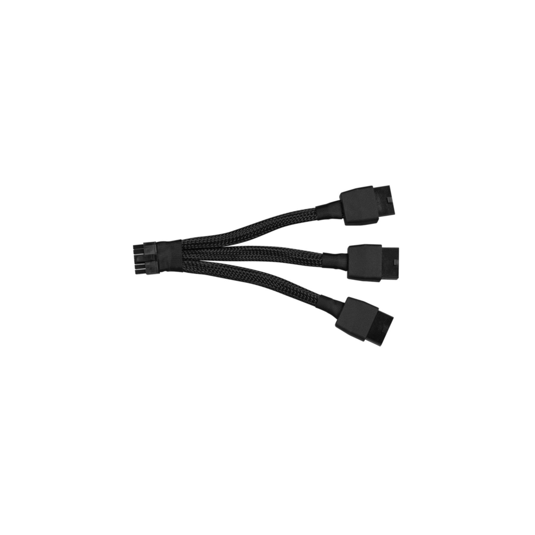 Ein schwarzes Kabel teilt sich in drei Anschlüsse auf. Es liegt auf weißem Grund. Die Anschlüsse sind schwarz.