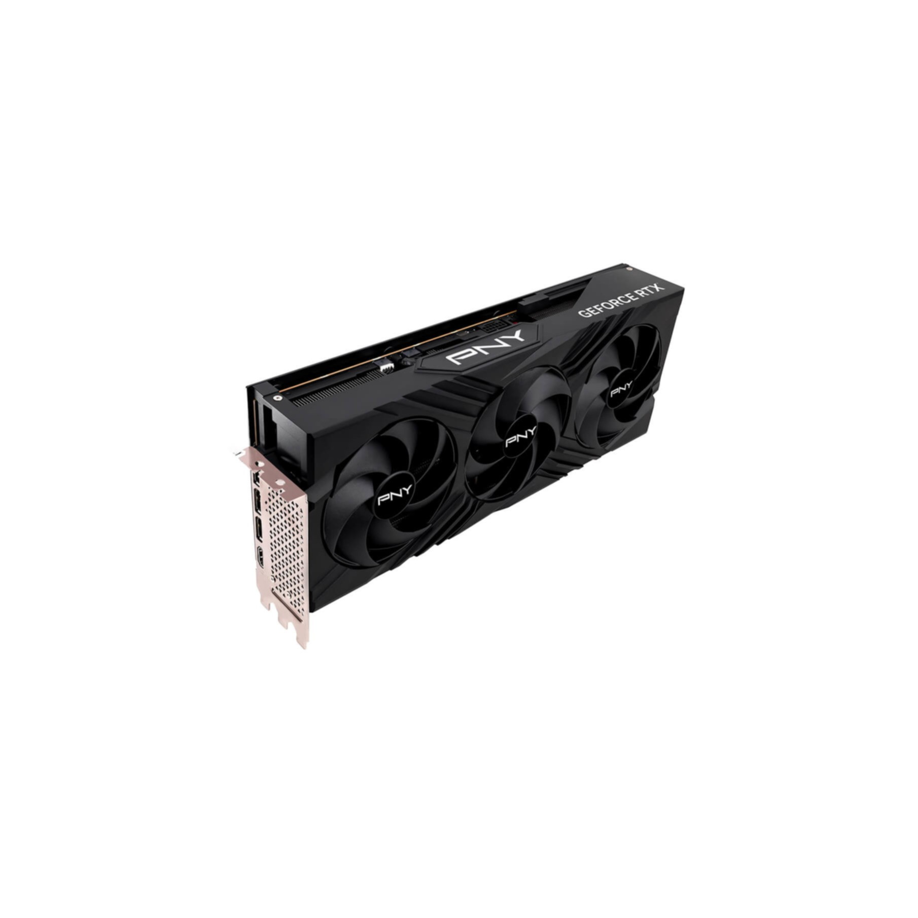 Una scheda grafica nera con tre ventole, un pannello porte argentato e il logo GeForce RTX.