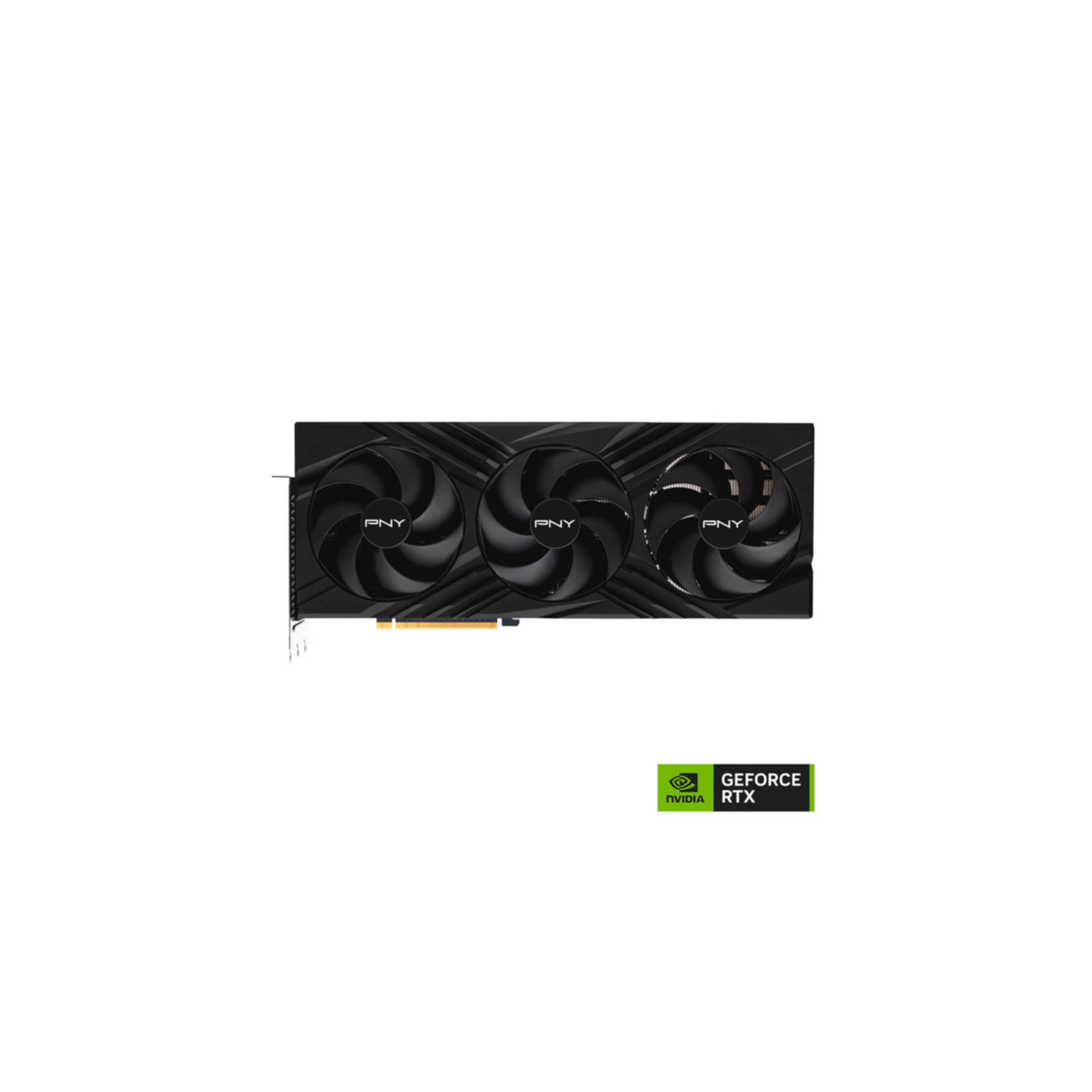Scheda grafica PNY nera con tre ventole, visibile il logo NVIDIA GeForce RTX.