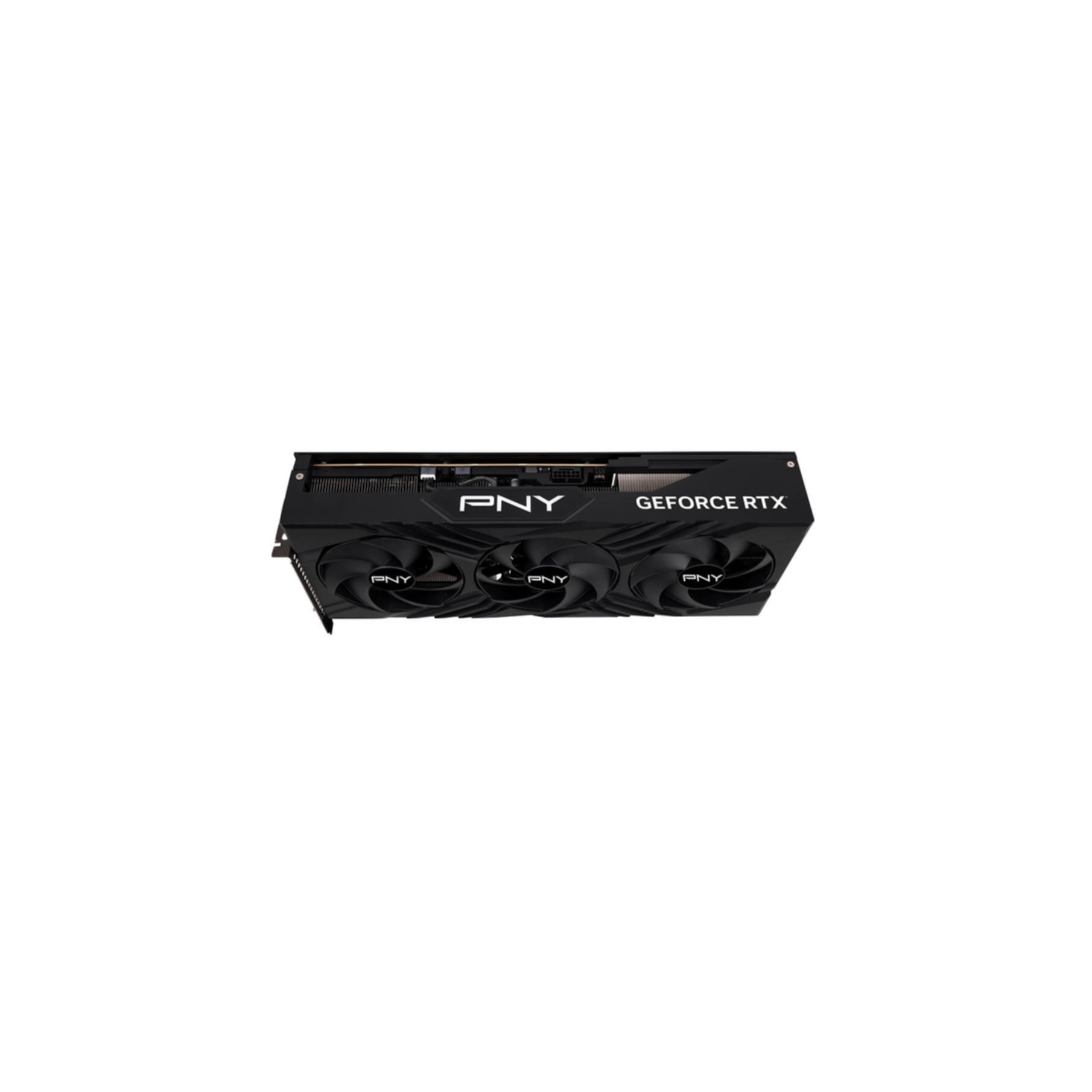 Scheda grafica PNY GeForce RTX nera con tre ventole su sfondo bianco, loghi PNY e GeForce RTX.