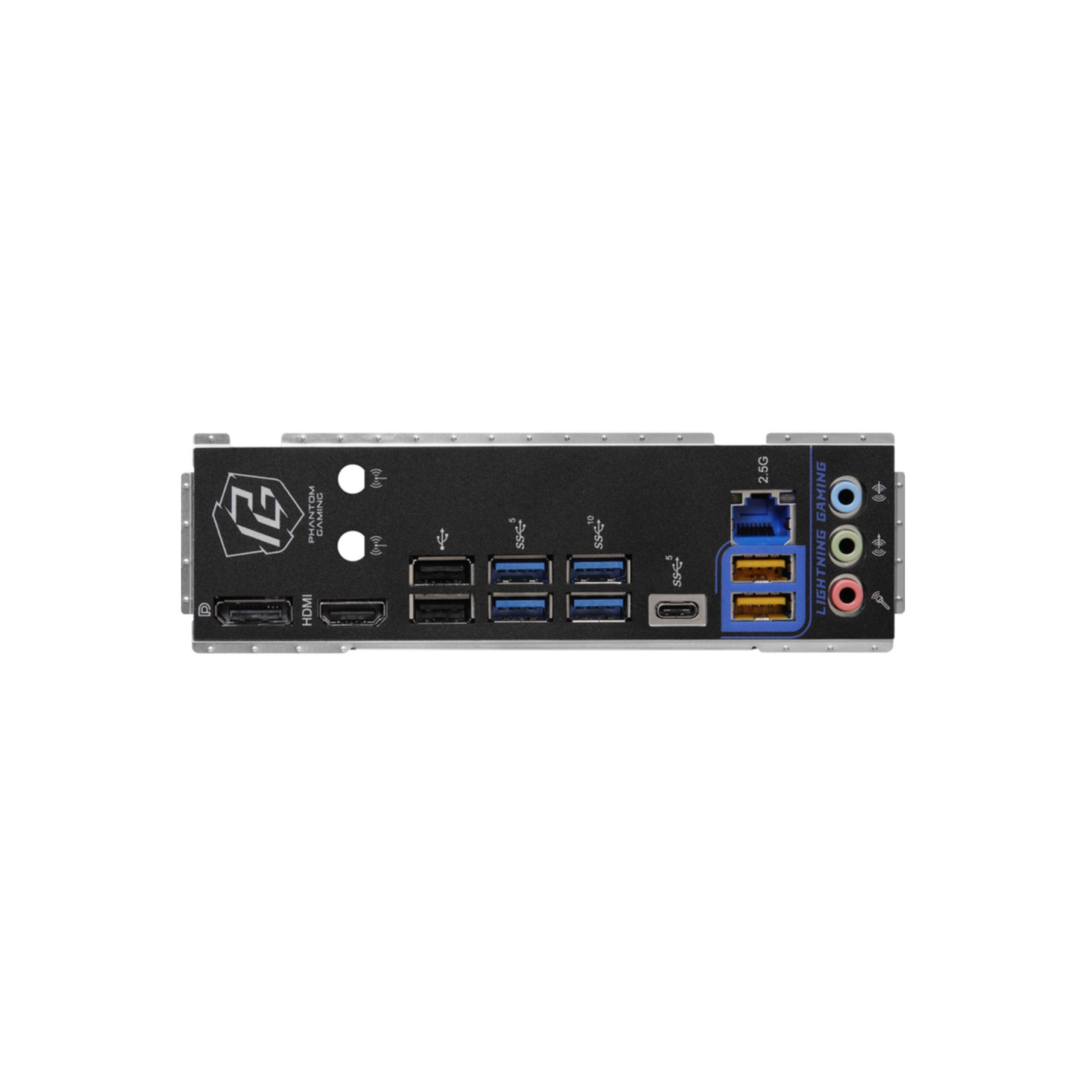 Panel trasero de la placa base con varios puertos, incluyendo USB, HDMI y conectores de audio.