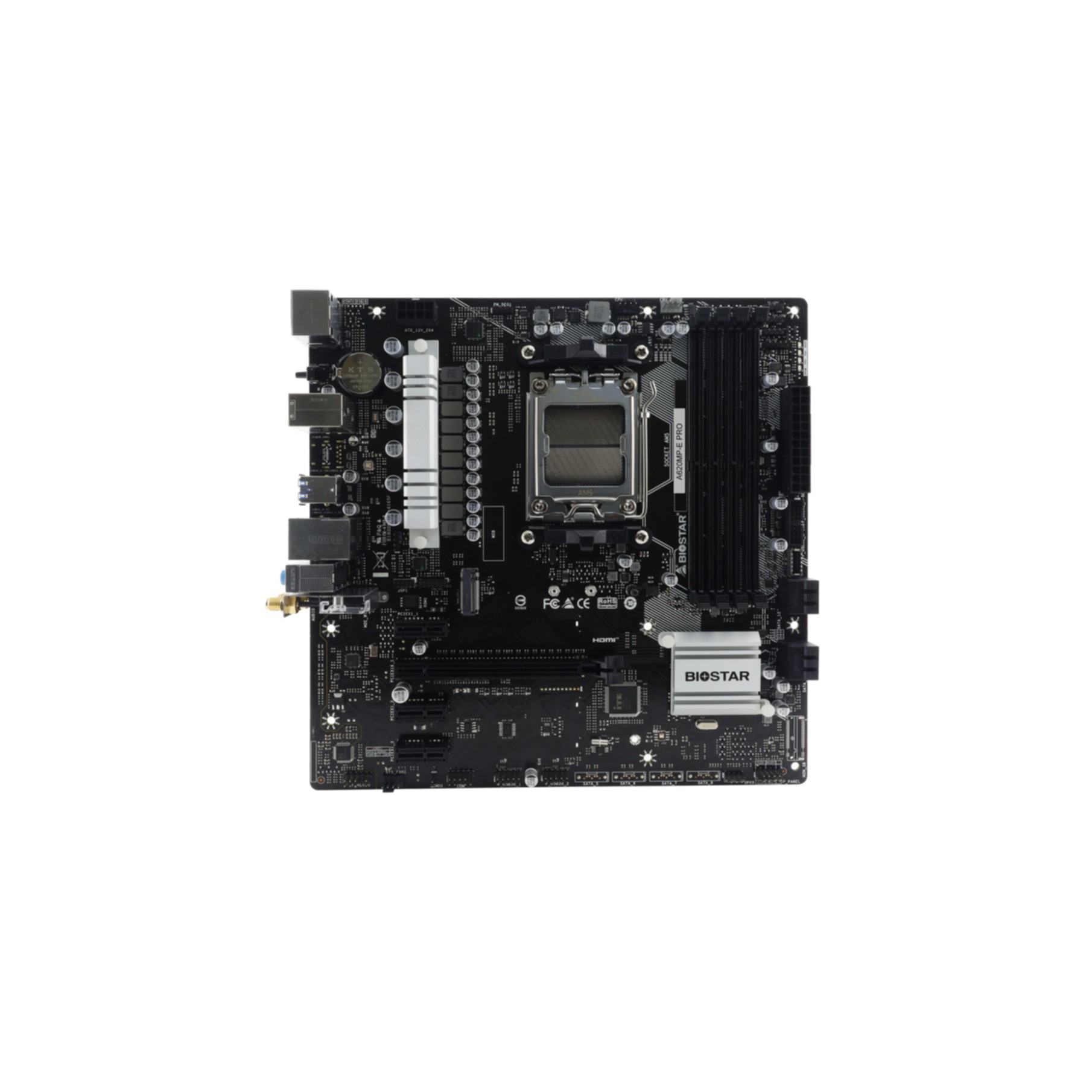 Czarna płyta główna z różnymi komponentami i logo, na białym tle.