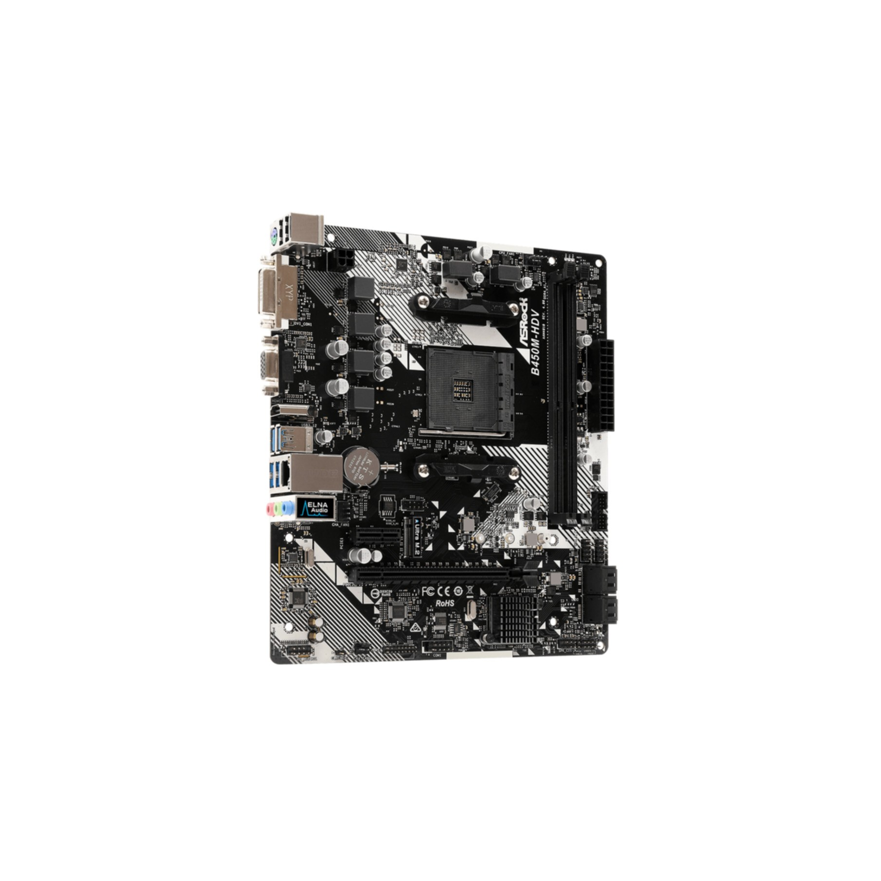 Ein schwarzes und silbernes Motherboard mit verschiedenen Anschlüssen und Komponenten. Das ASRock-Logo ist sichtbar.