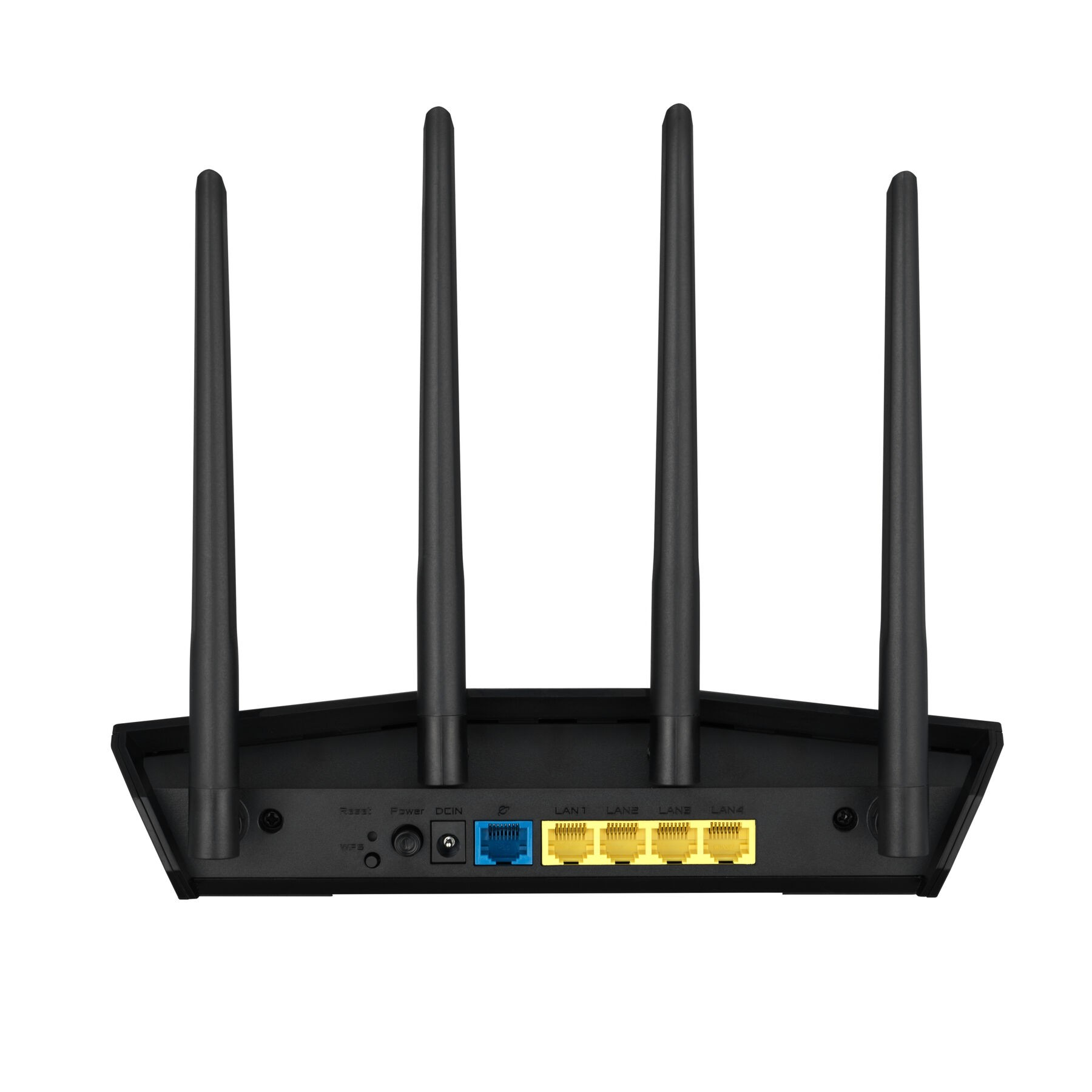 Schwarzer Router mit vier Antennen und verschiedenen Anschlüssen. Weißer Hintergrund.