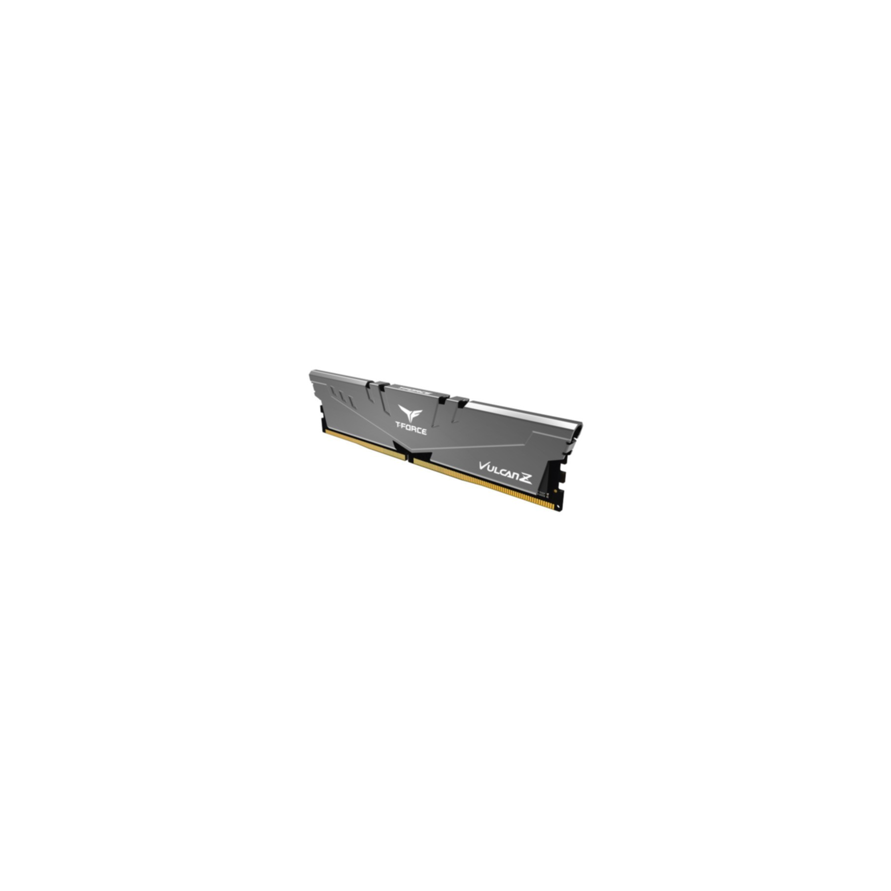 Ein einzelner T-Force VULCAN Z RAM-Riegel. Er ist grau mit goldenem Akzent und auf weißem Grund.