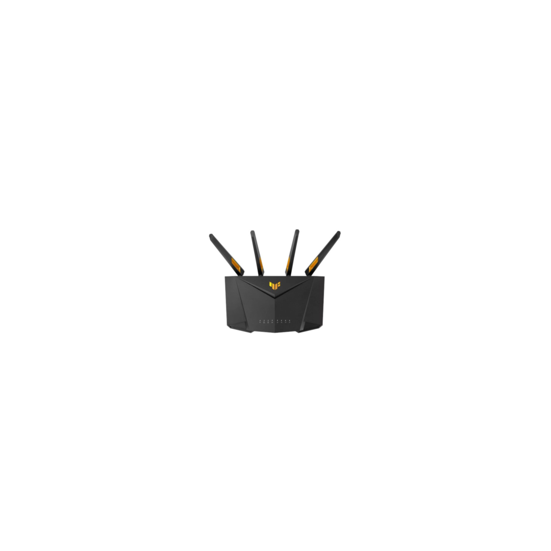 Router nero con quattro antenne, su sfondo bianco. Ha un accento dorato.